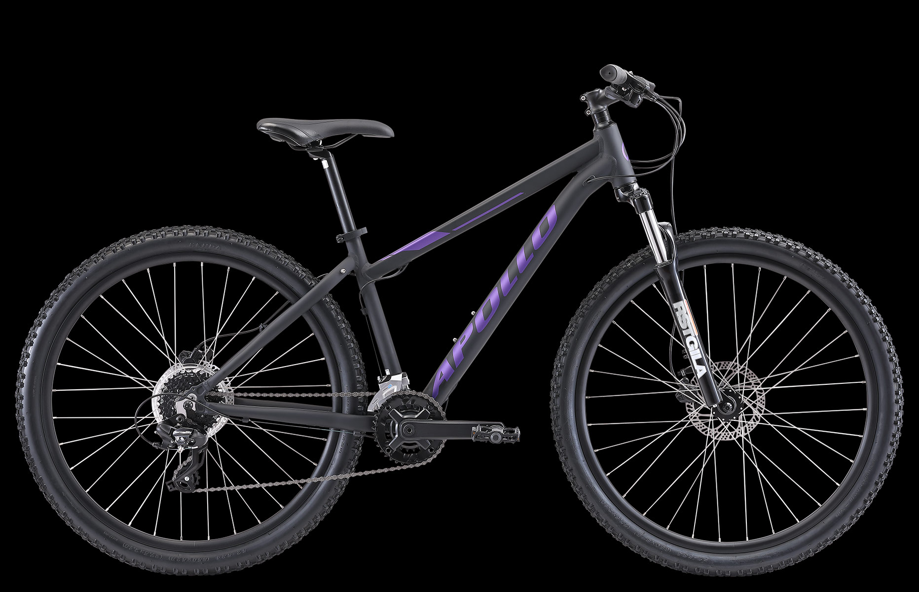 A black mountain bike with purple accents on the frame, shown from a side profile against a solid black background. The brand name 'Apollo' is visible in purple on the down tube.
