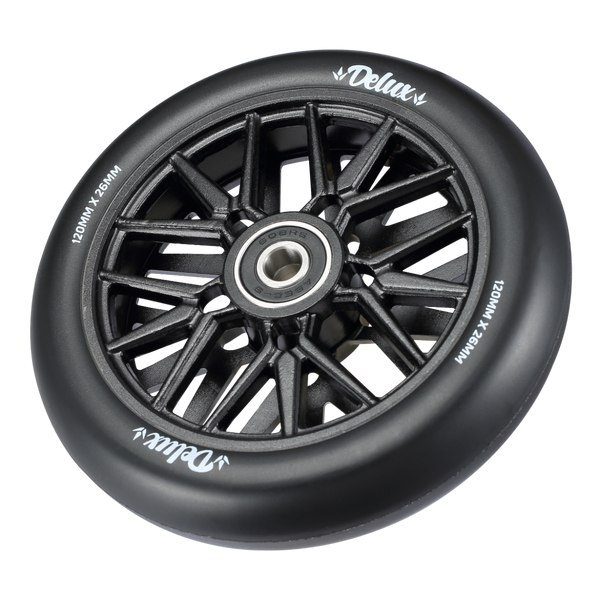 A black Delux scooter wheel with a multi-spoke hub and white printed branding and size markings on a clean white background.