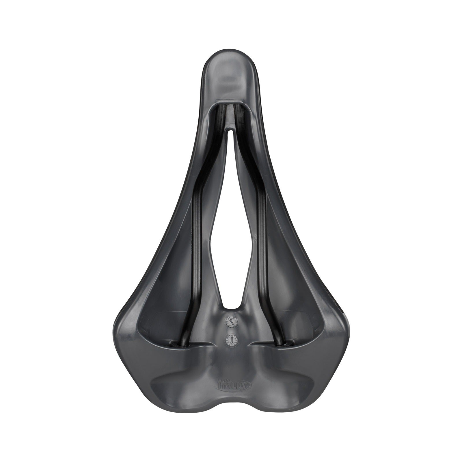 The under side of a black bicycle saddle with a sculpted, ergonomic shape and a central cutout, shown against a plain white background.