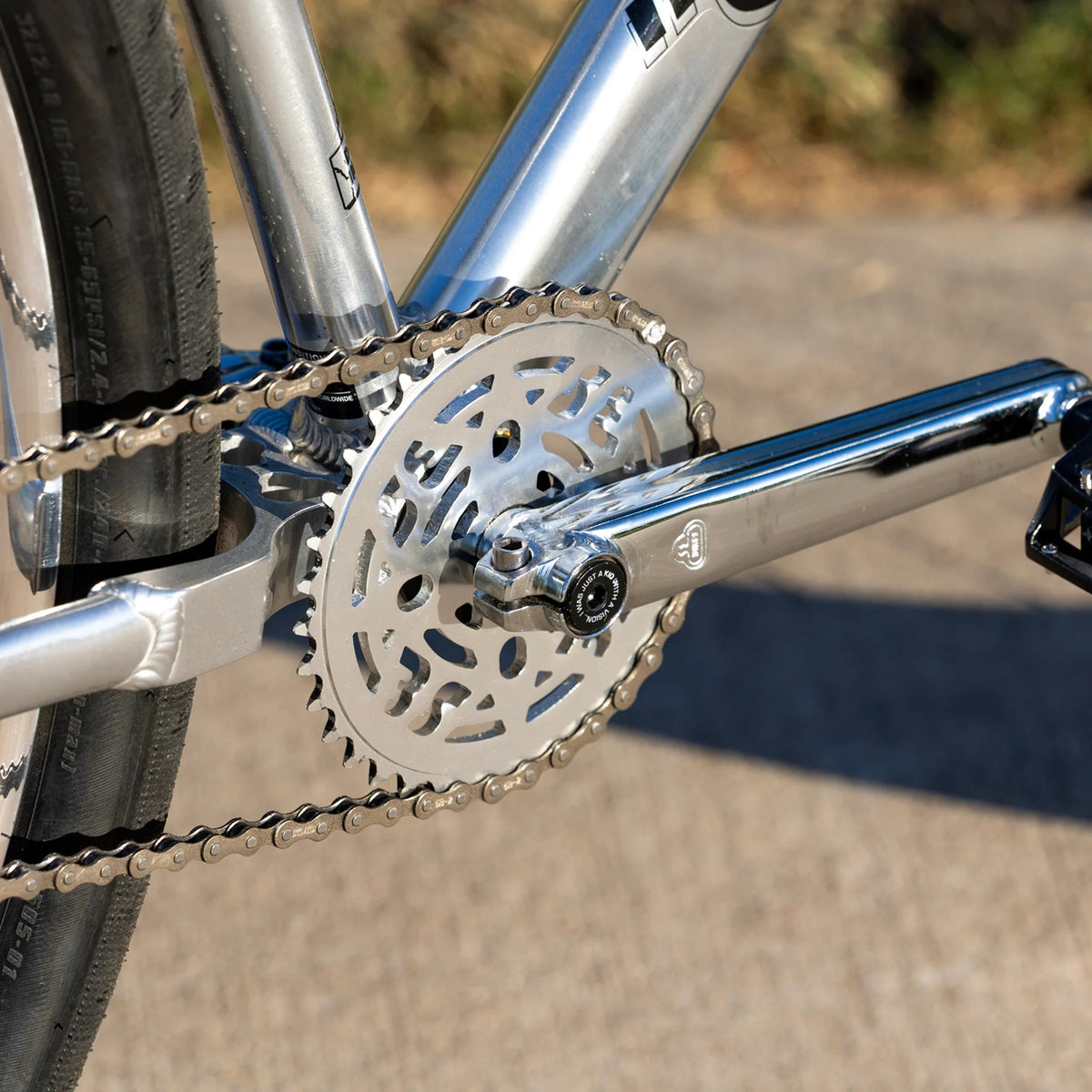 Close up of a silver front chainring with silver cranks and a blurred road in the background