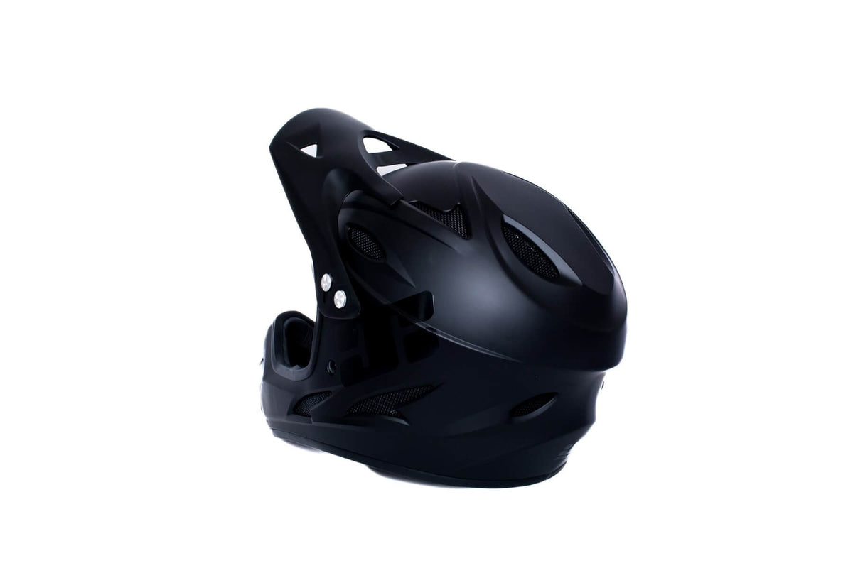 A side back view of a black full face mountain bike helmet on a white background