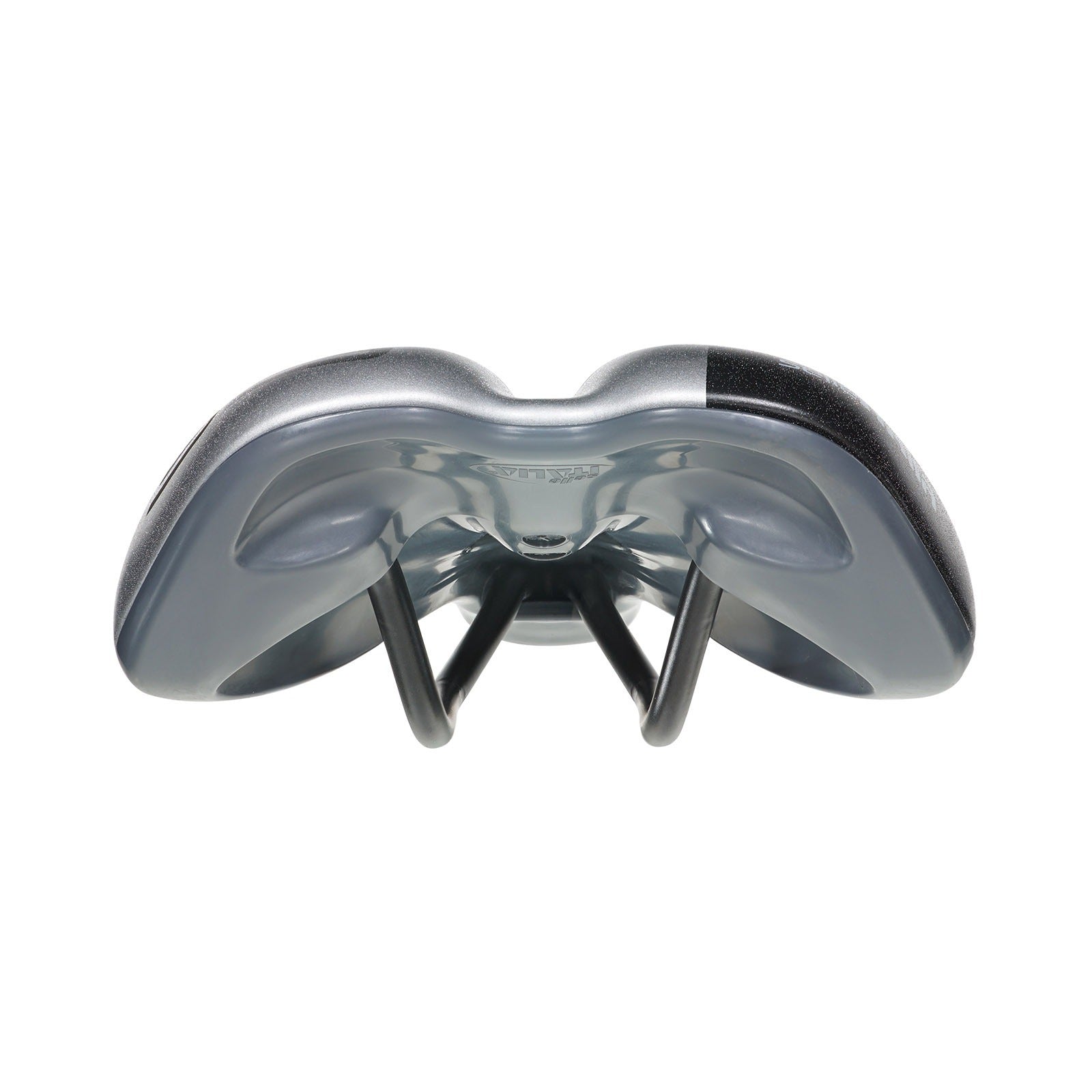 The back view of a bicycle saddle with reflective material on a white background
