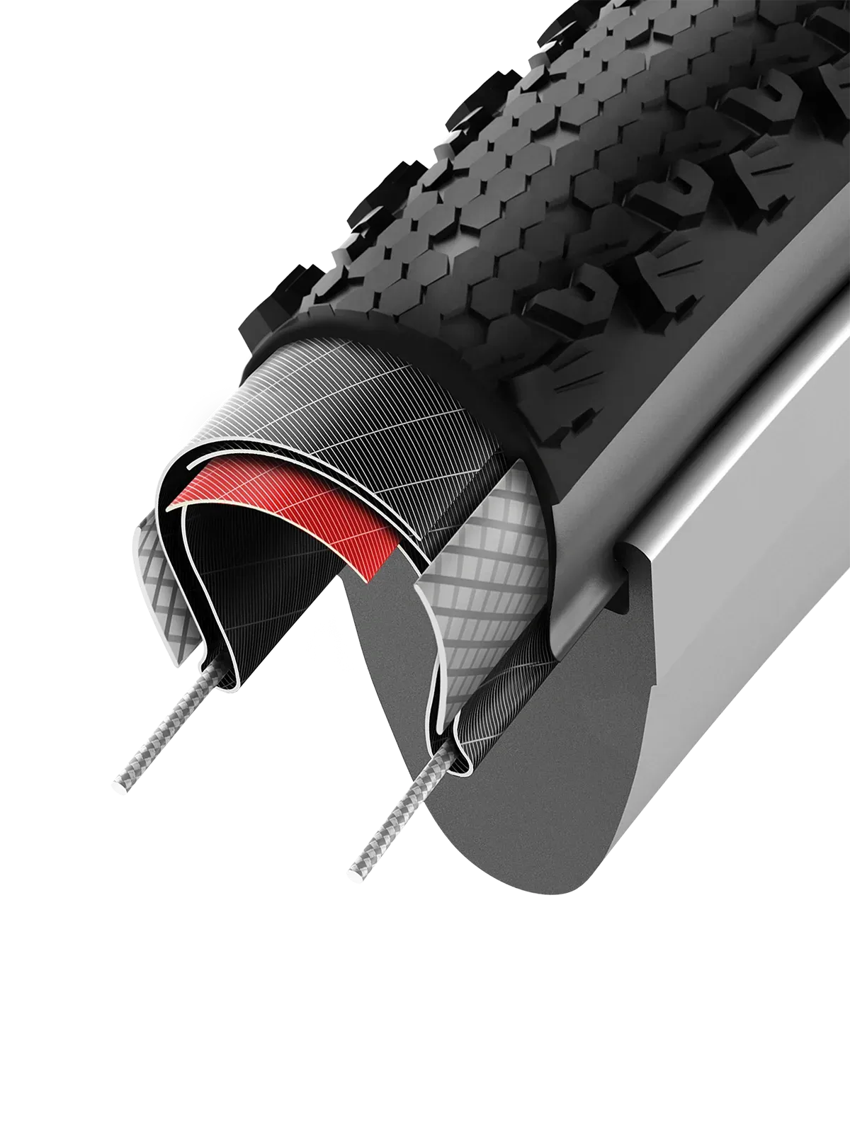 Close-up of a dissection of a bicycle tyre with tread pattern and casing details on a white background