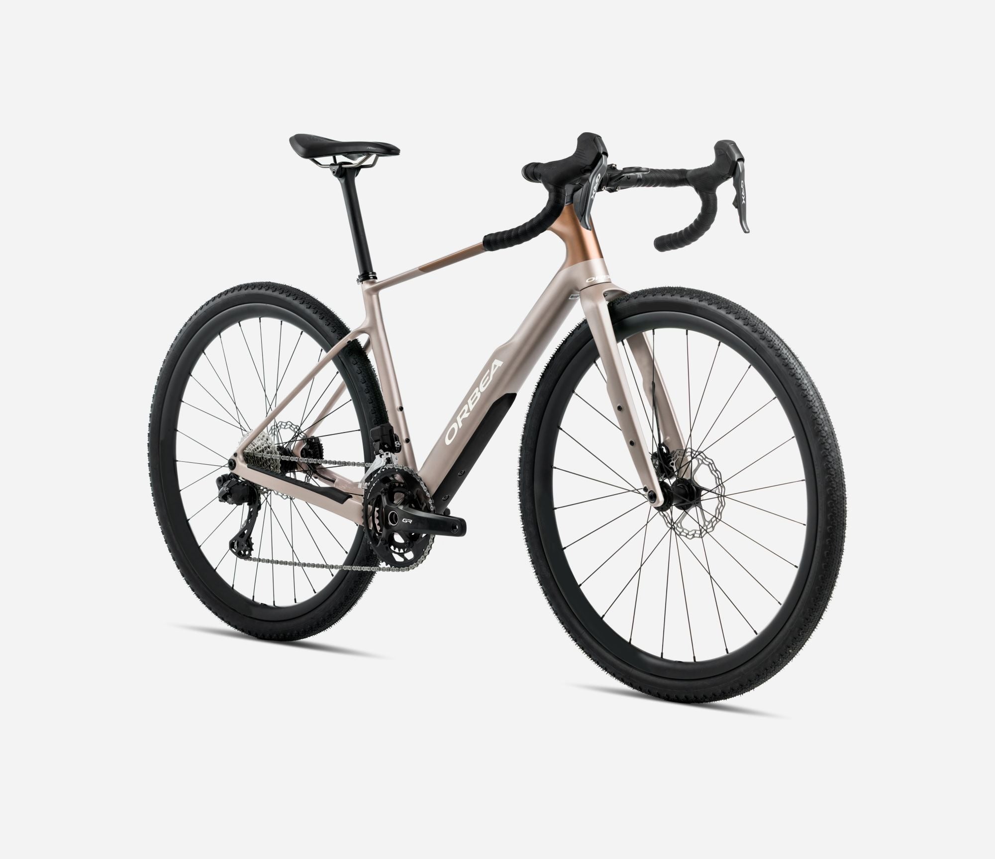 Bronze Orbea Gravel Bike on a white background