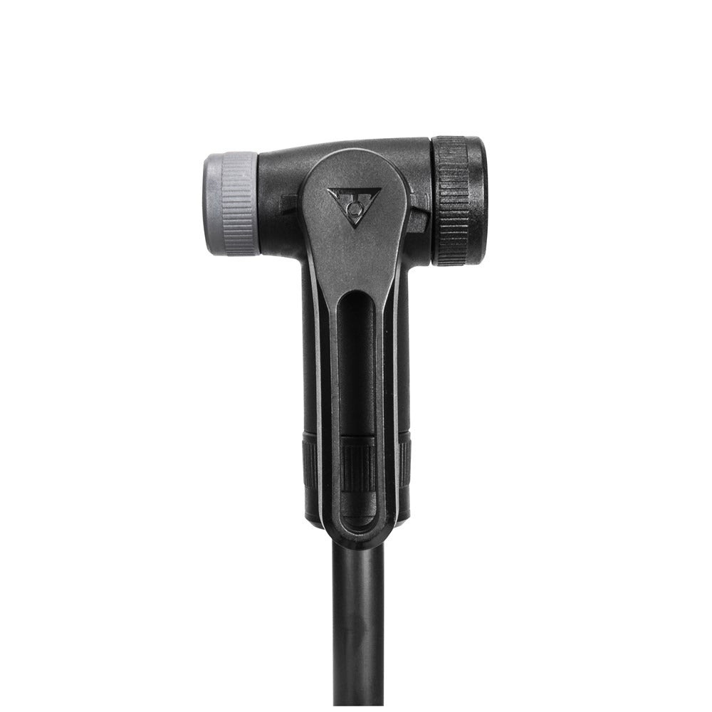Black bicycle pump head with a white background