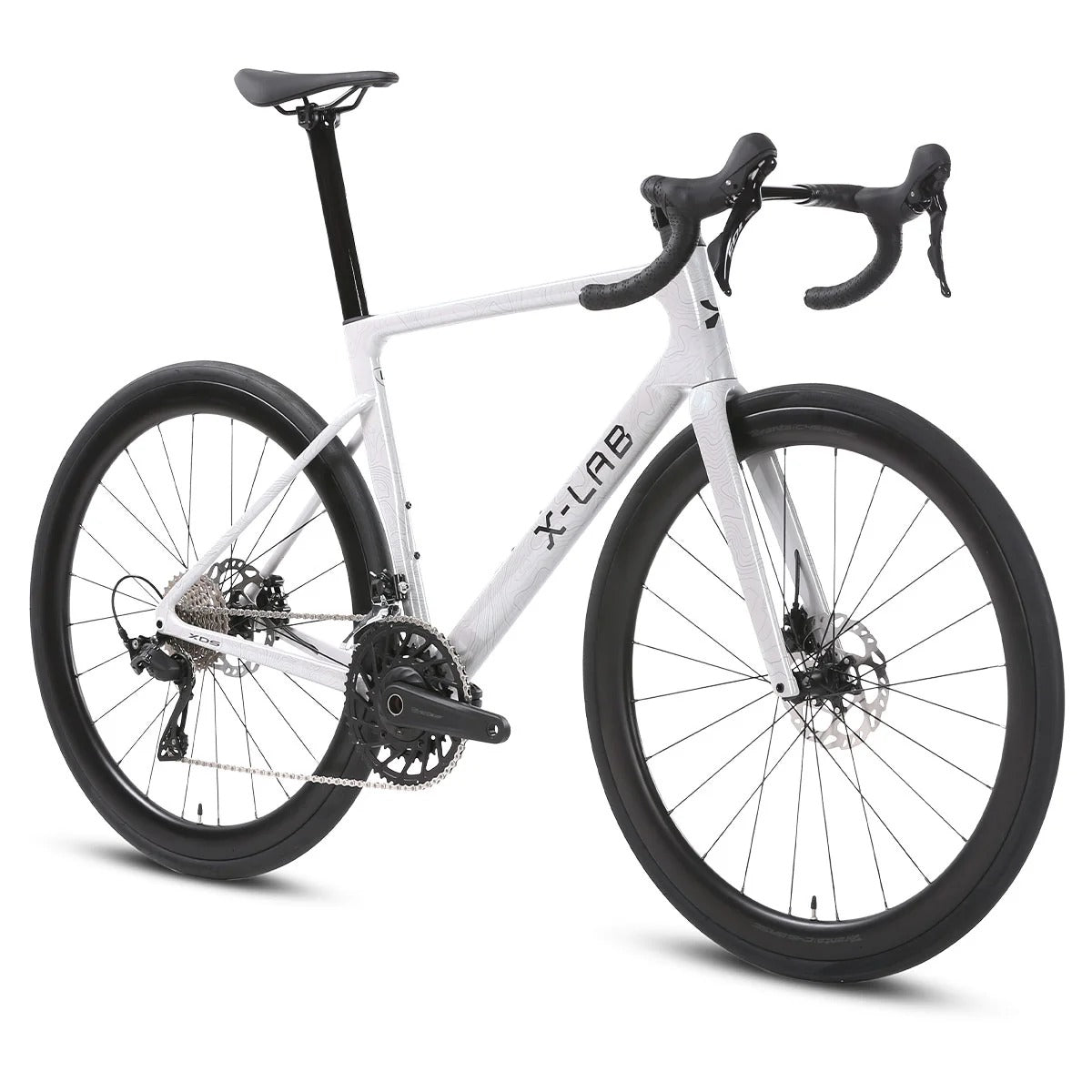 White X-Lab Road Bike with black wheels and handlebars on a white background