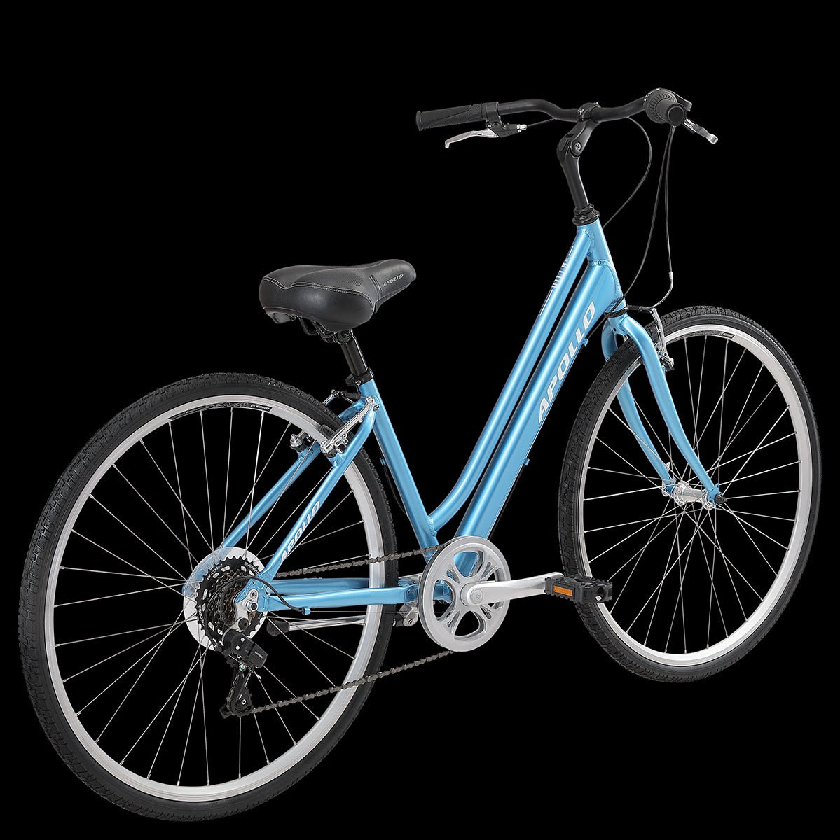 A light blue step-through city bicycle with black handlebars, a black saddle, and silver rims, shown against a solid black background. The brand name 'Apollo' is printed on the down tube.
