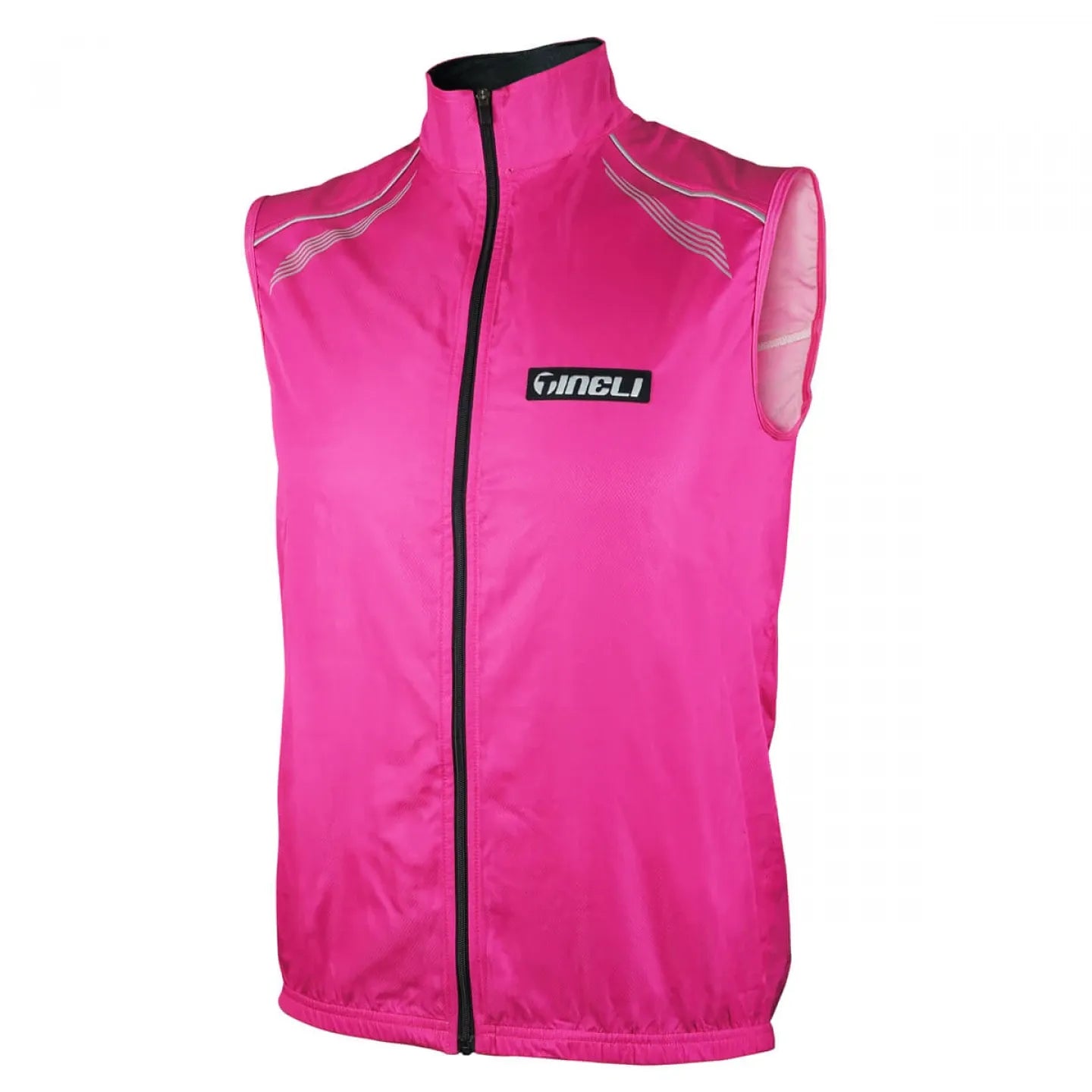 Pink sleeveless cycling jacket with a brand logo on a white background