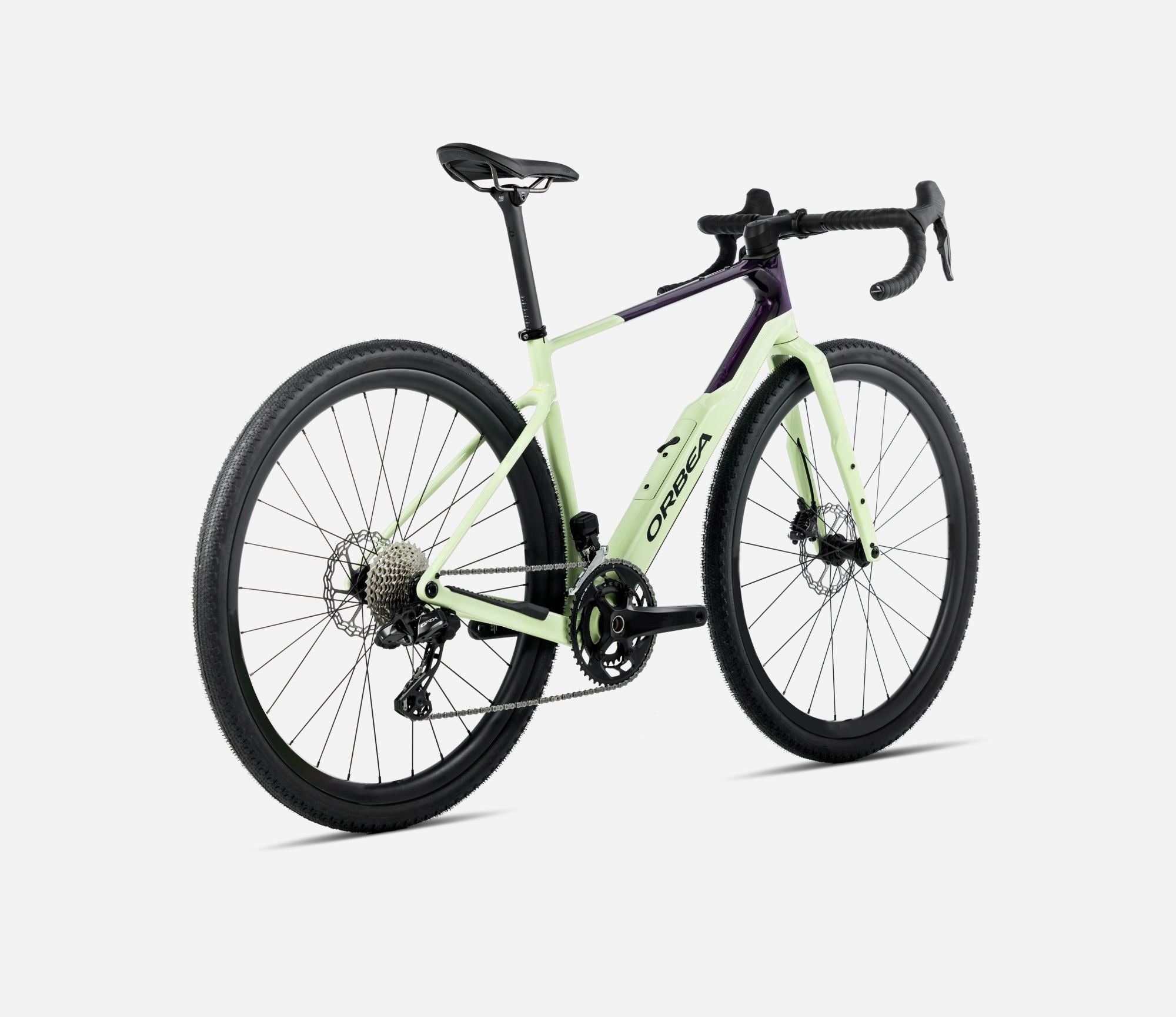 Light green Orbea Gravel  Bike with black components on a white background