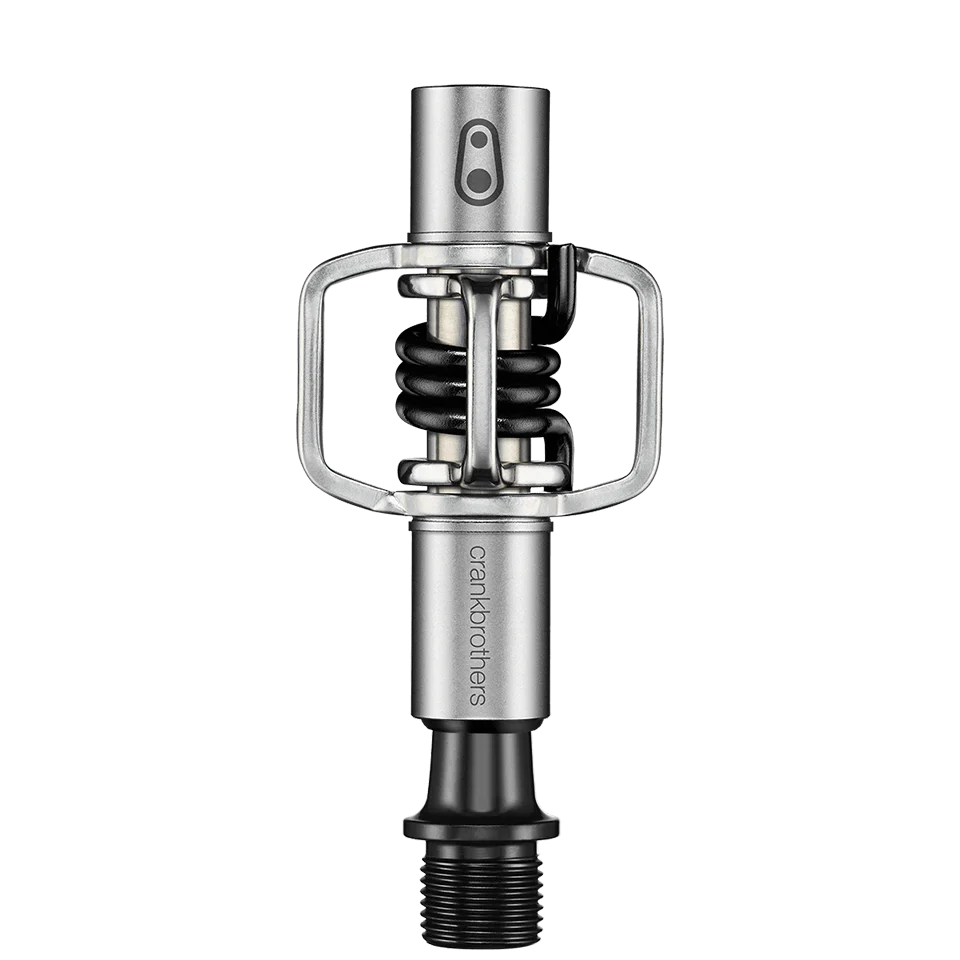Silver and black crankbrothers eggbeater pedal on a white background