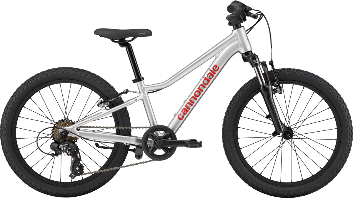 Silver Cannondale Kids Mountain Bike on a white background