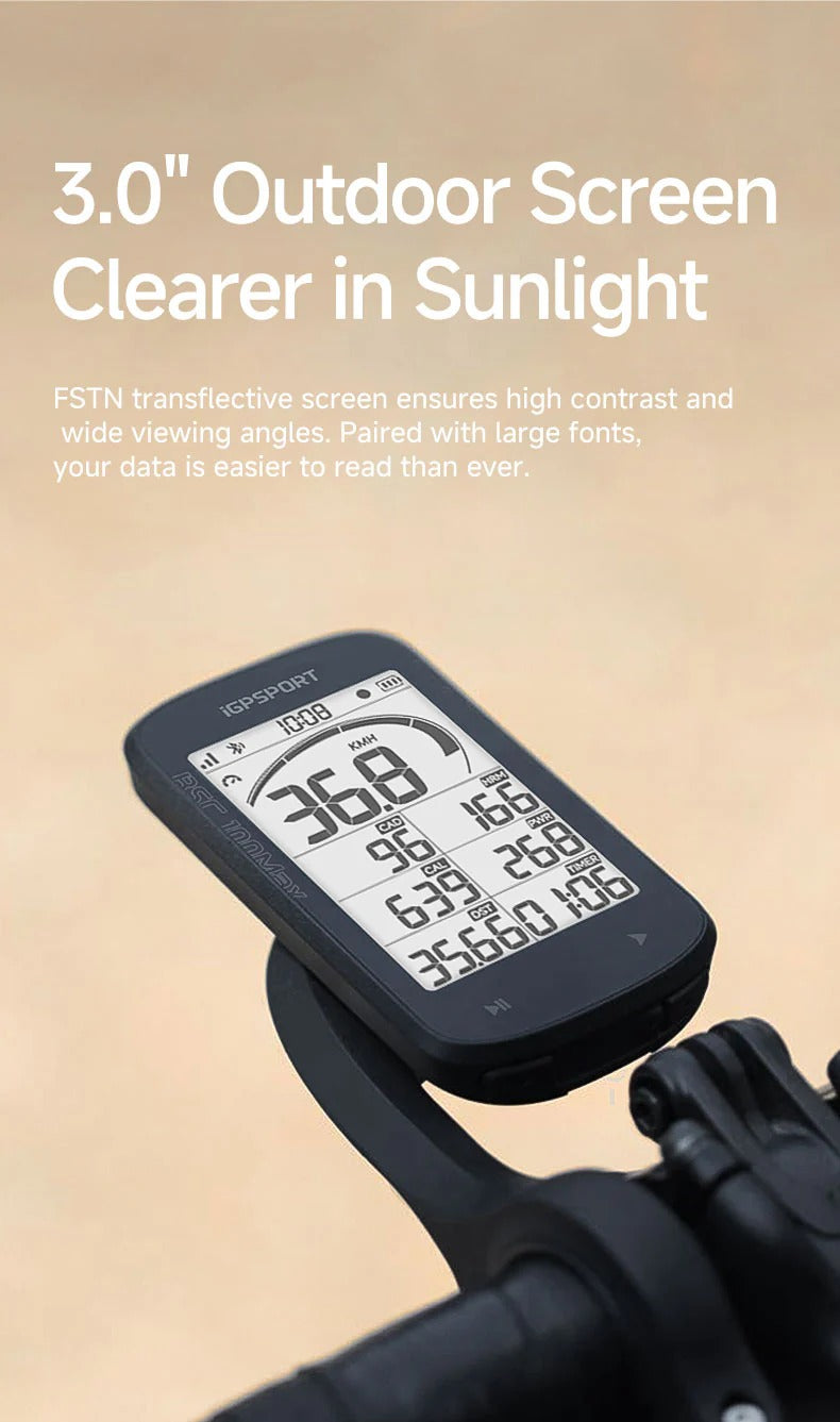 Cycling Computer on a bike with text about an outdoor screen clearer in sunlight