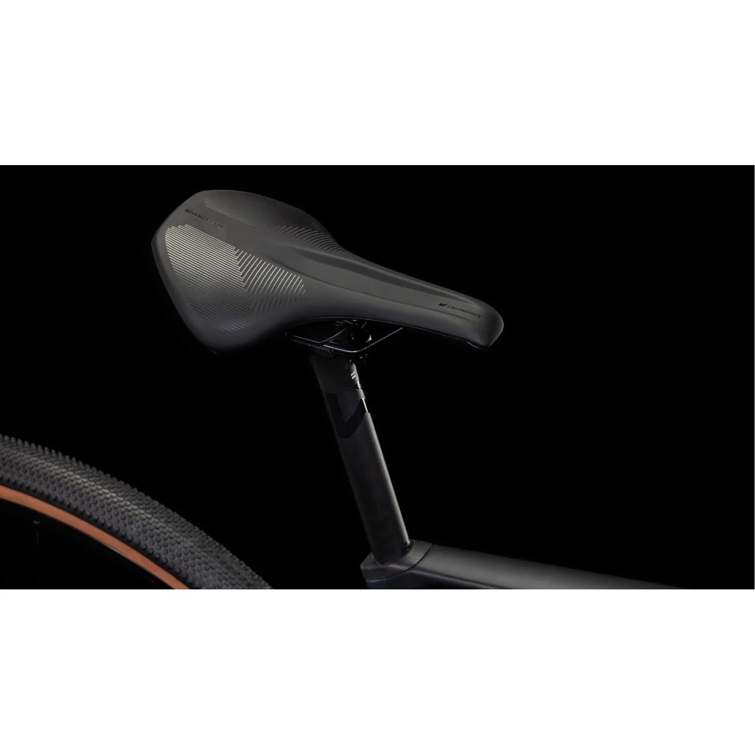 Gravel bike saddle with black frame on a white background