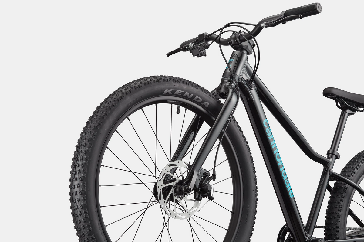 Black Cannondale kids mountain bike on a white background