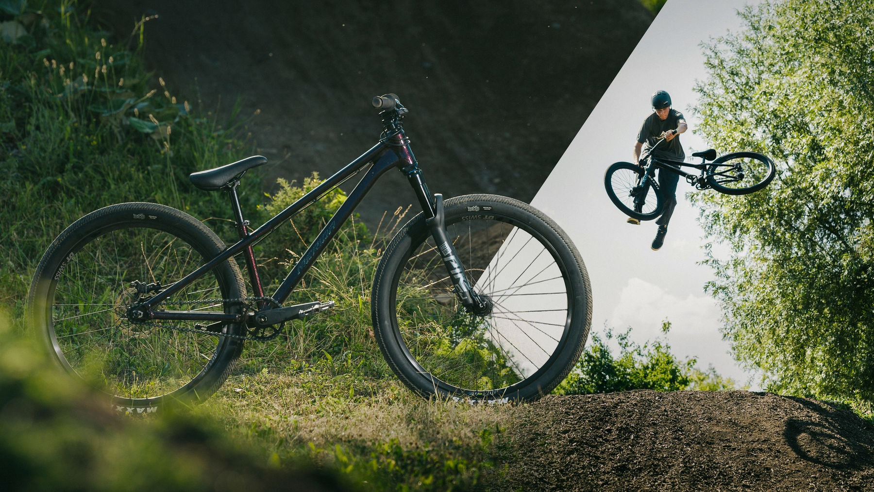 Merida Dirt Jump bicycle on a dirt path with a person in the background performing a jump trick on a dirt jump bicycle