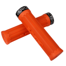 Orange bicycle handlebar grips with black ends on a white background