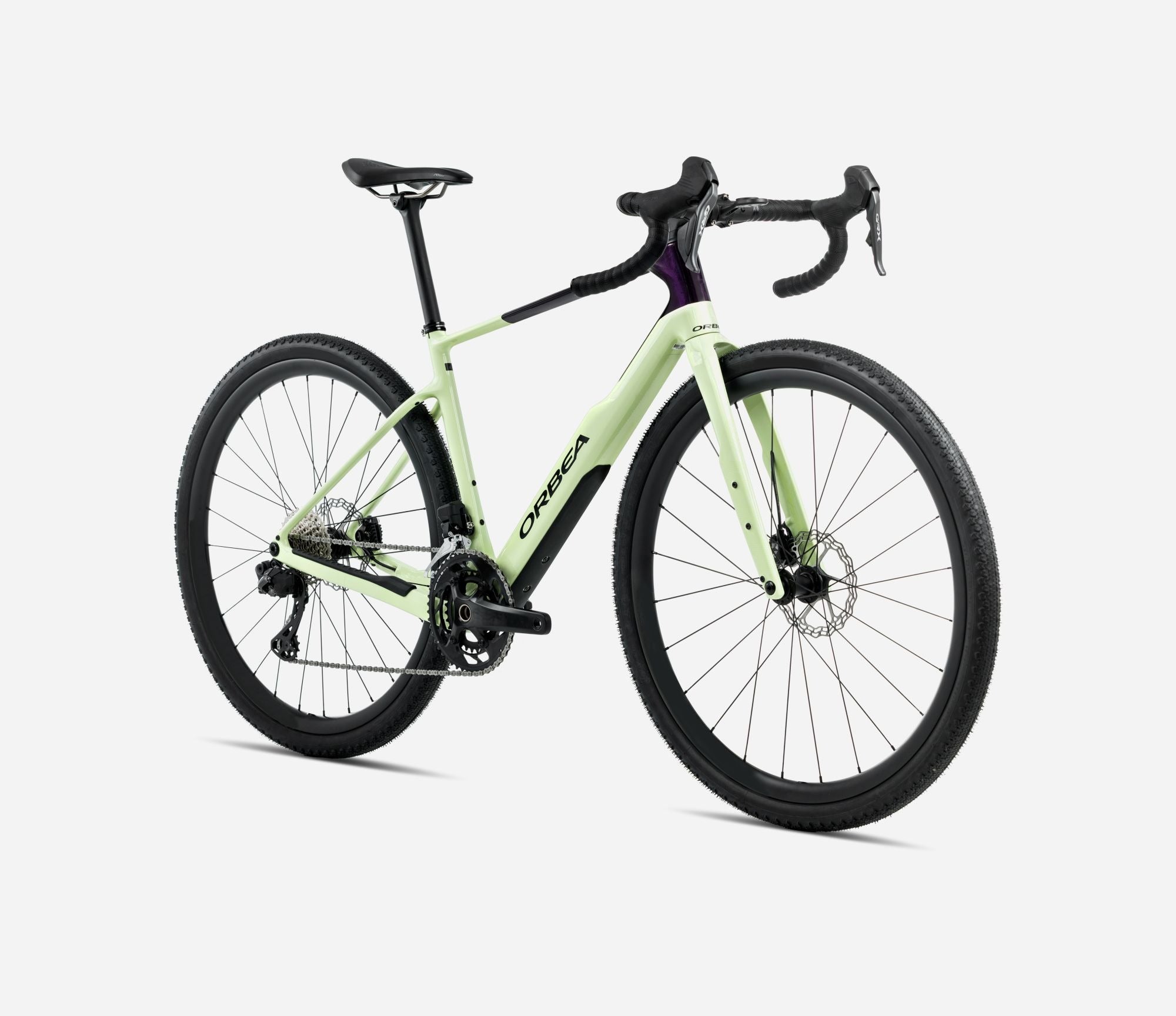 Light green Orbea Gravel Bike with black components on a white background