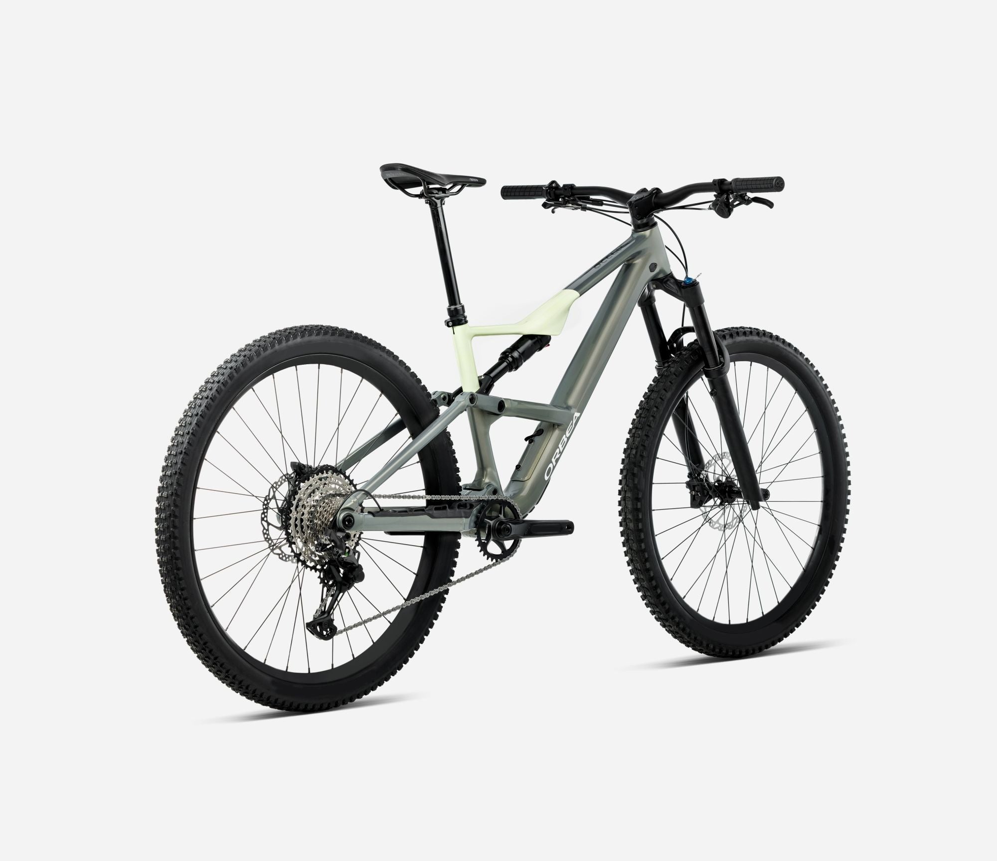 An olive green Orbea Dual Suspension Mountain Bike against a white background