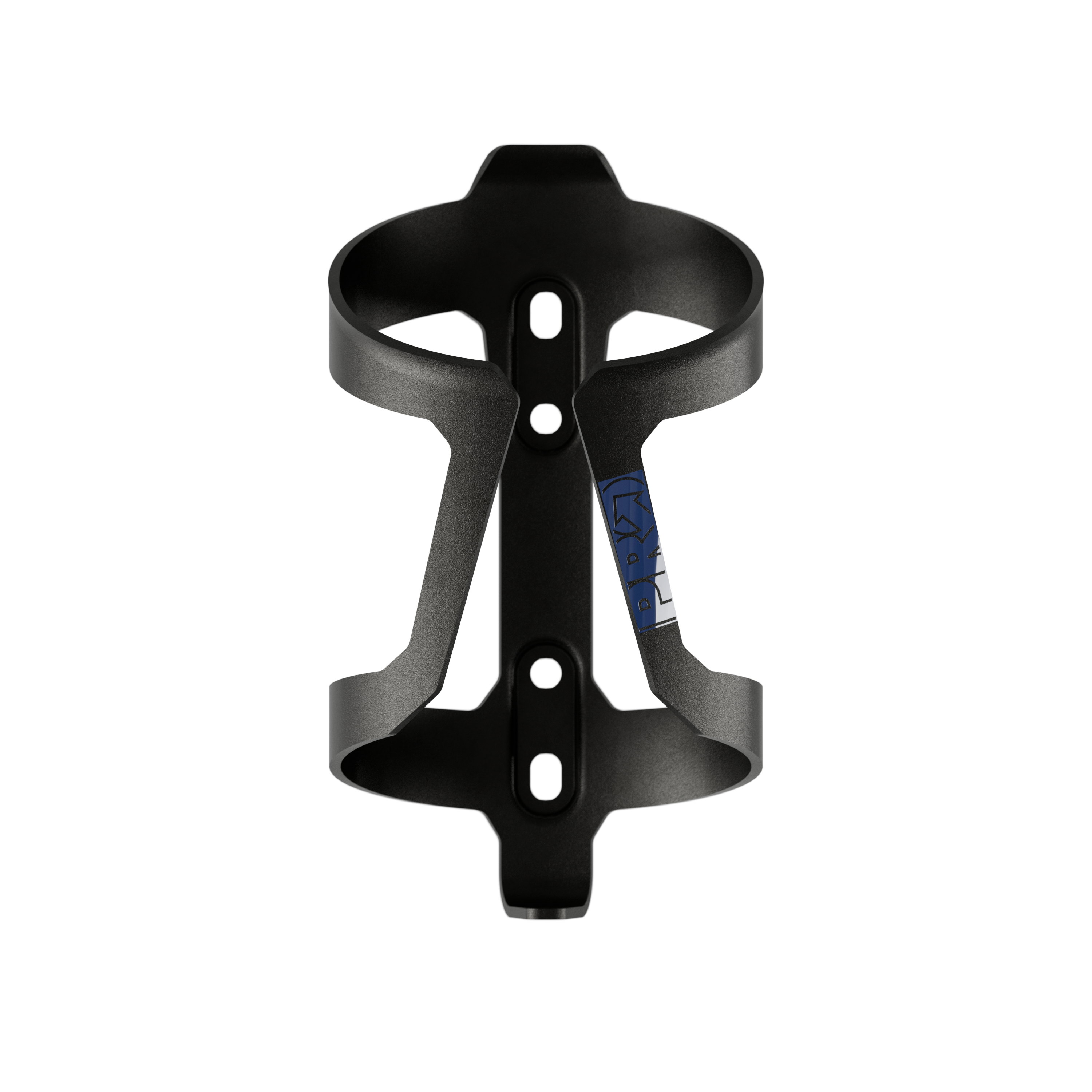 Black bicycle bottle cage with a blue hightlight on a white background