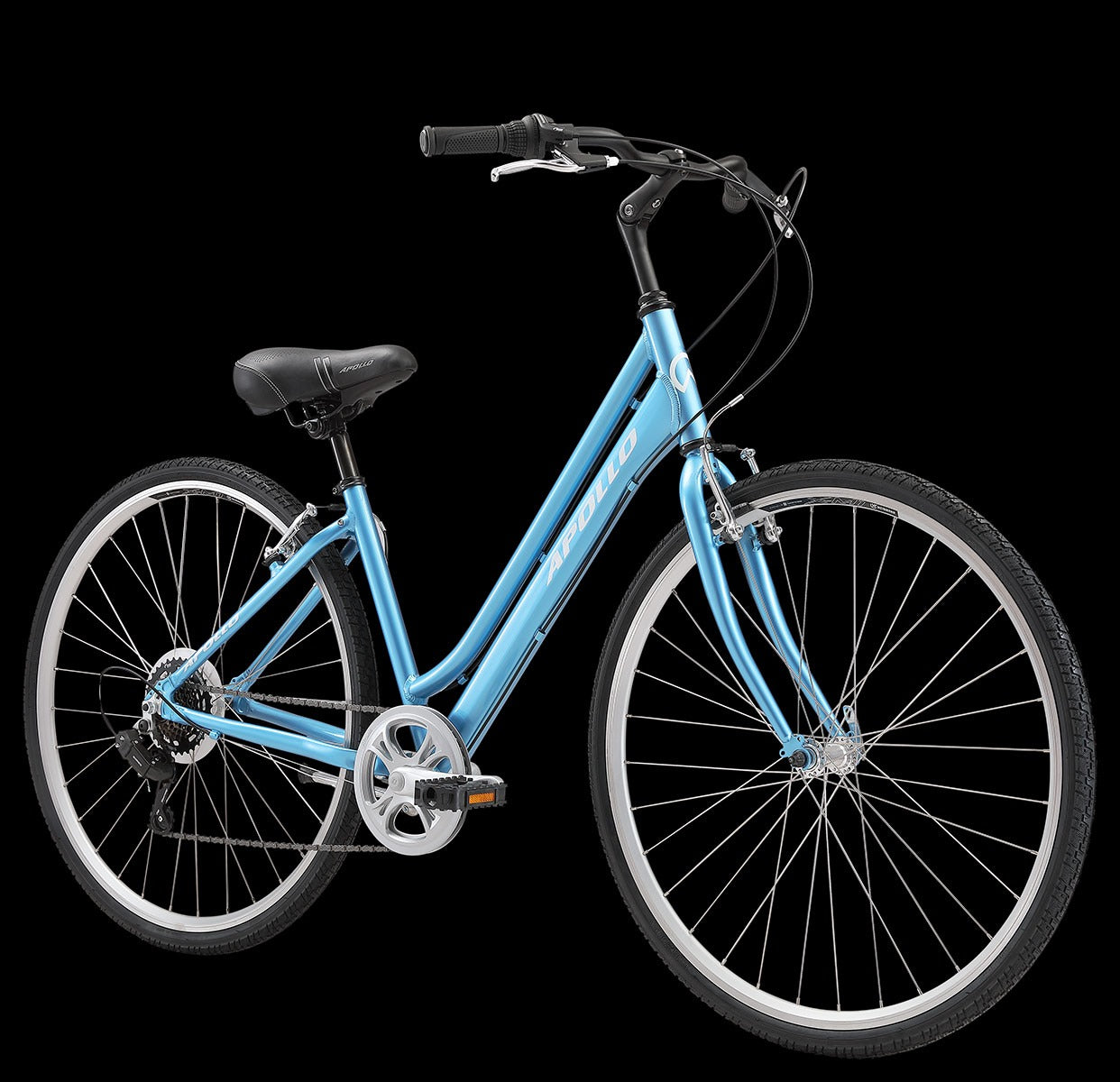 A light blue step-through city bicycle with black handlebars, saddle, and tires, shown from a side profile against a solid black background. The brand name 'Apollo' is visible on the down tube of the frame.