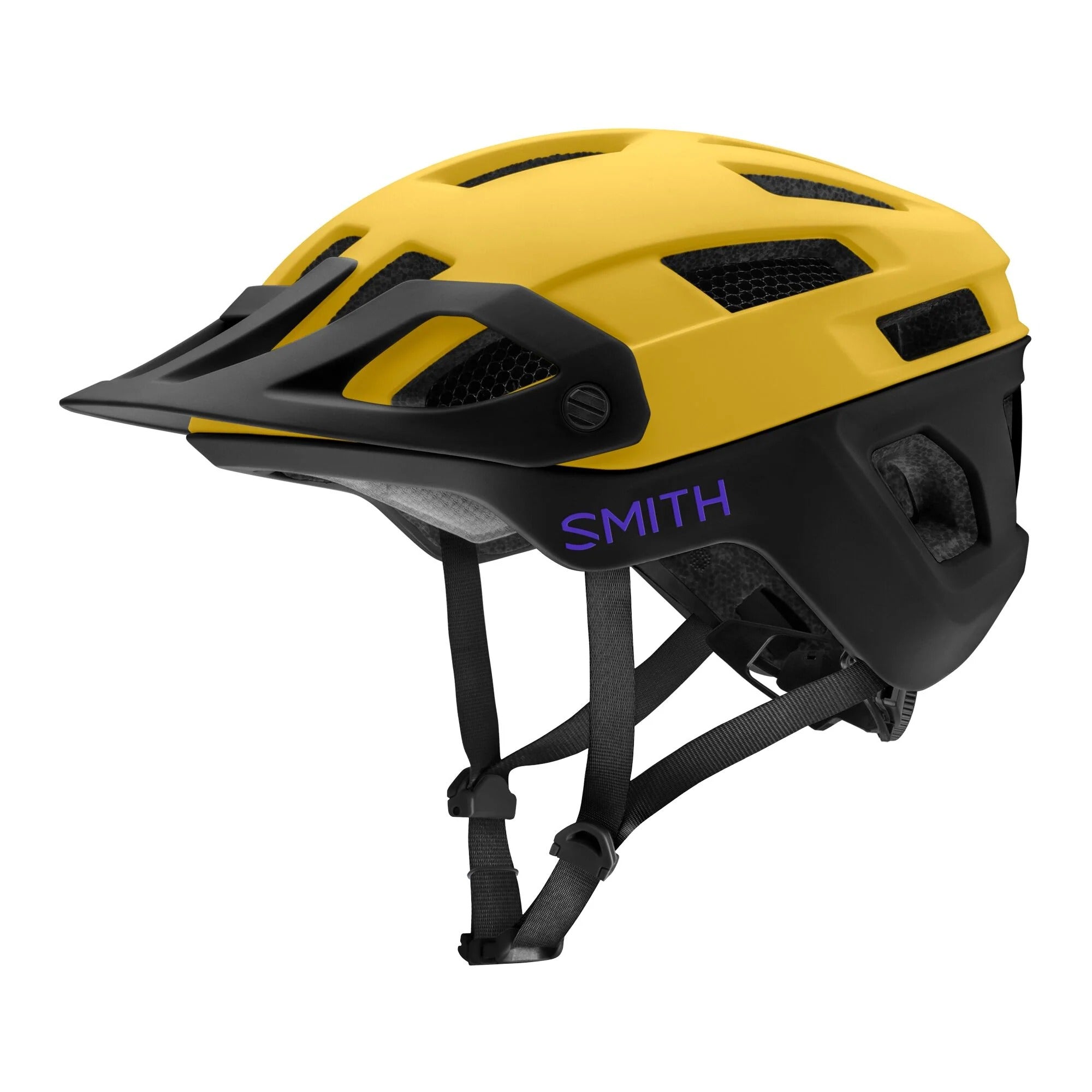 Mustard yellow Smith mountain bike helmet with a black visor on a white background