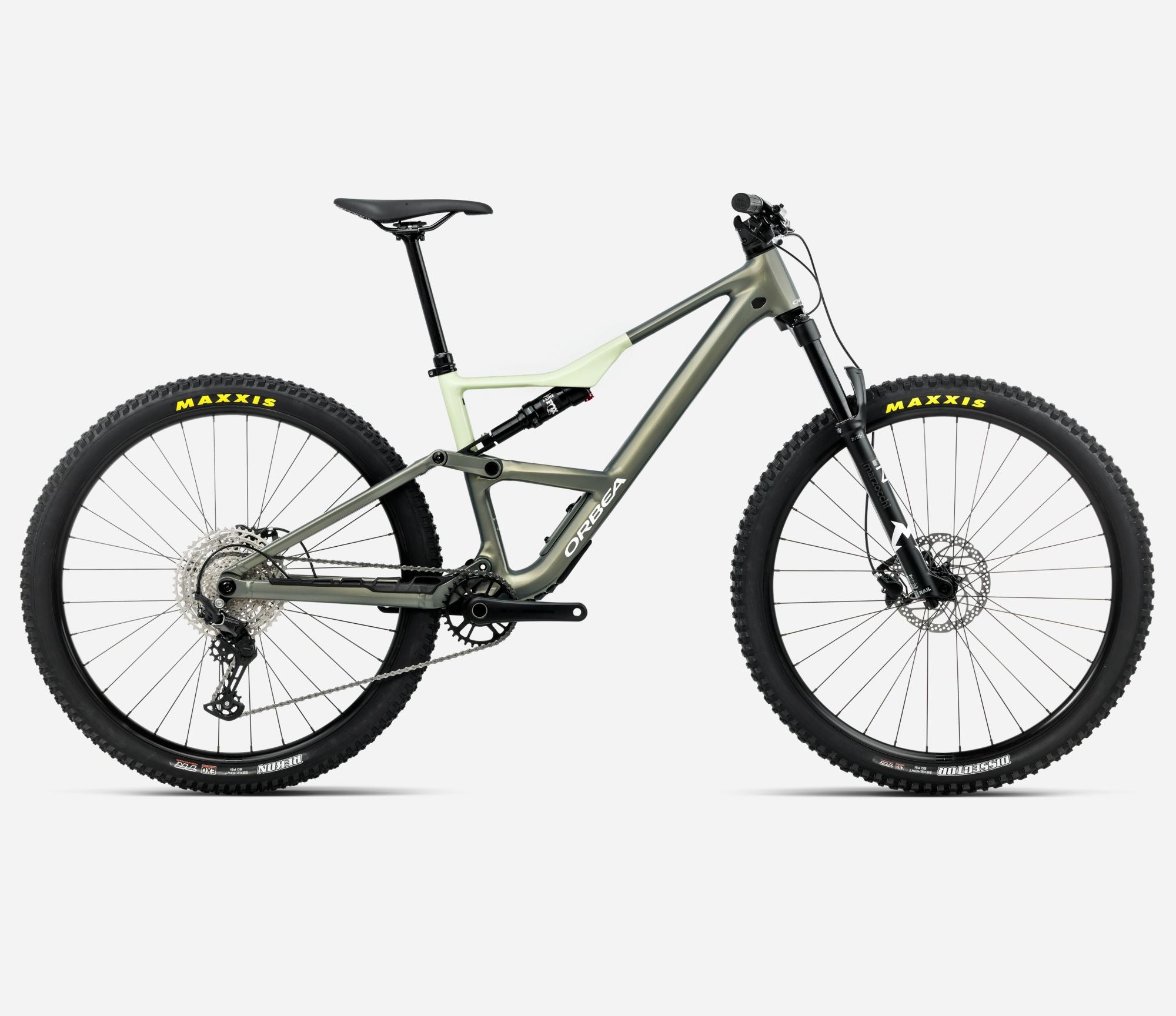 An olive green Orbea Dual Suspension Mountain Bike against a white background