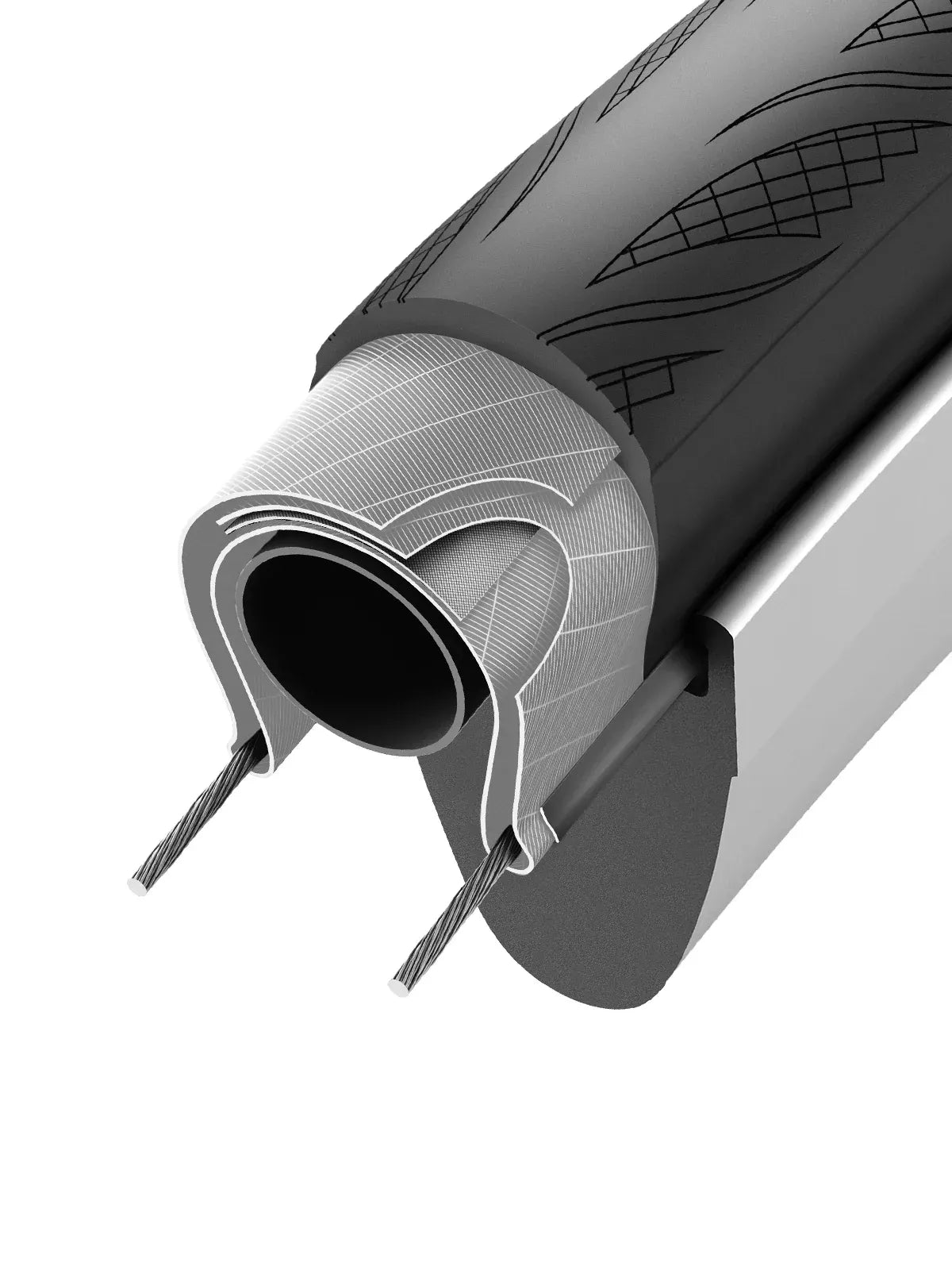 A dissection of the Vittoria Rubino Road Tyre showing the casing inside