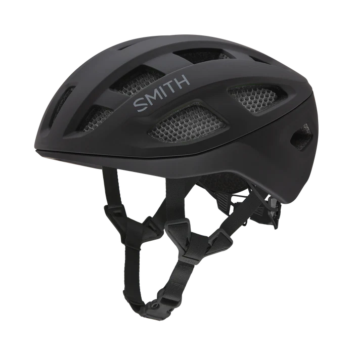Black road bike helmet with 'Smith' branding on a white background