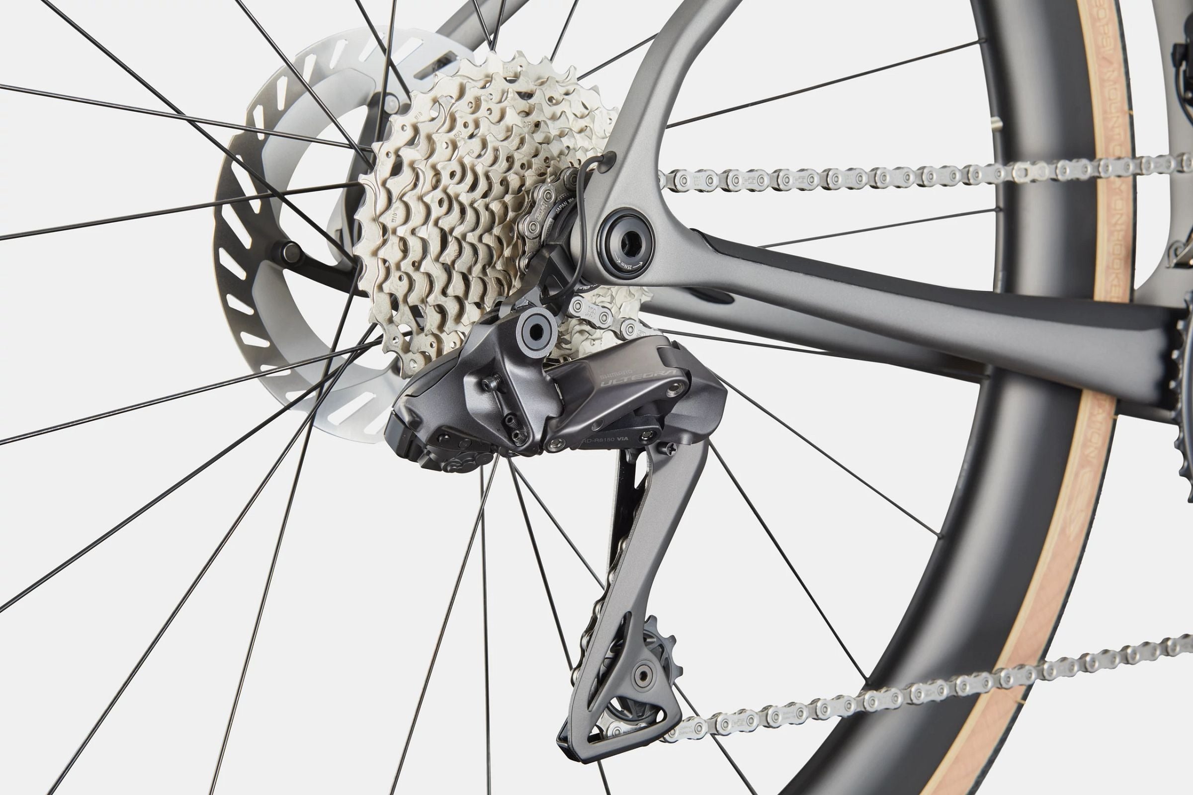 Close-up of a road bike rear derailleur and cassette on a white background