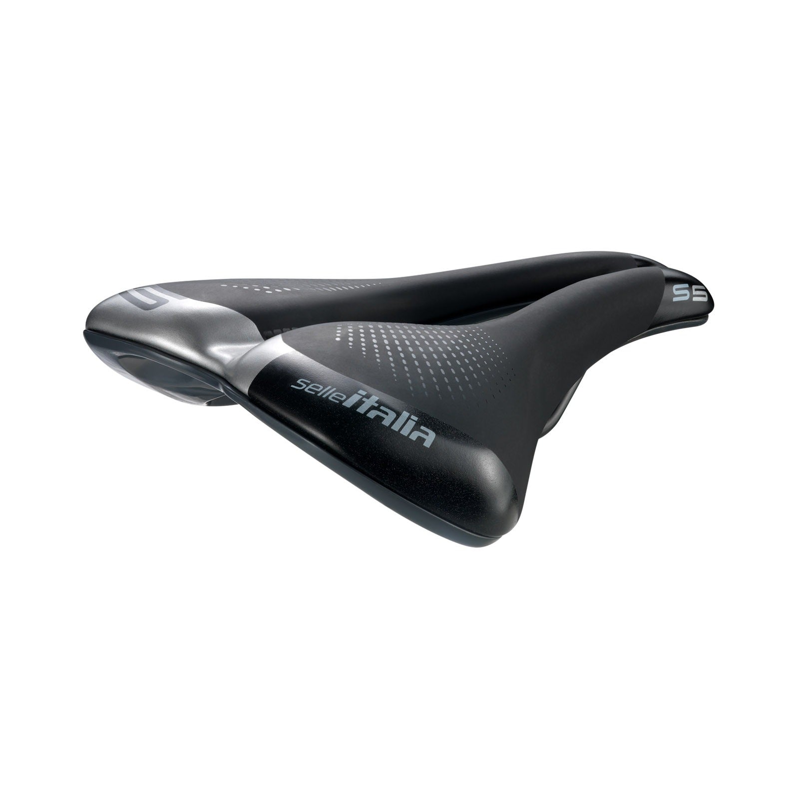 Black bicycle saddle with 'selle Italia' branding on a white background