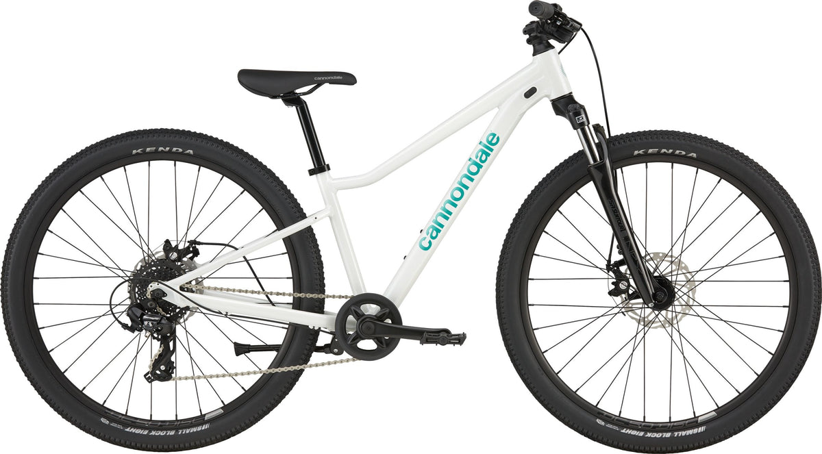 White mountain bike with the 'Cannondale' brand printed in turquoise printed on the downtube on a white background