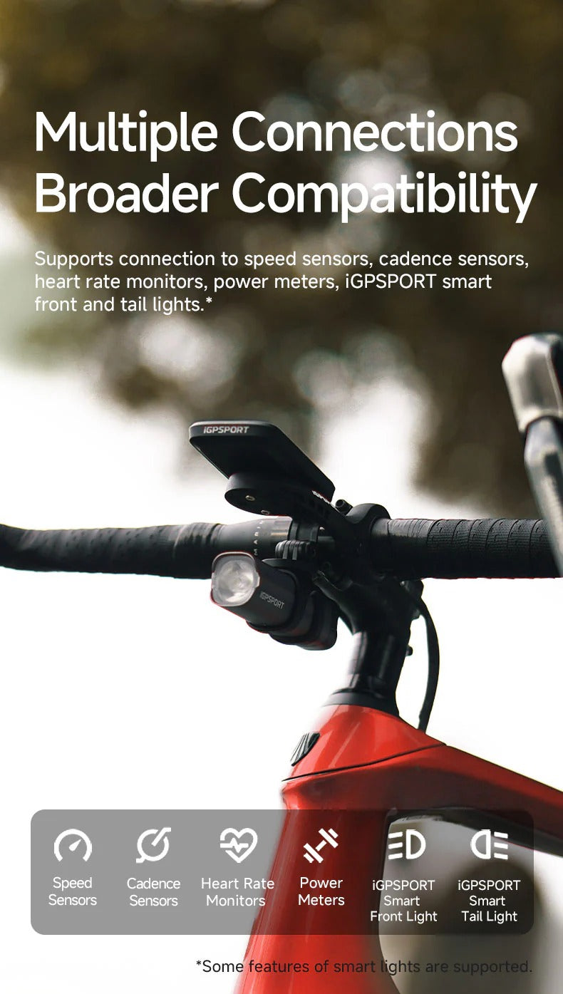 Bicycle handlebar with a light attachment and text about compatibility with various sensors and devices.