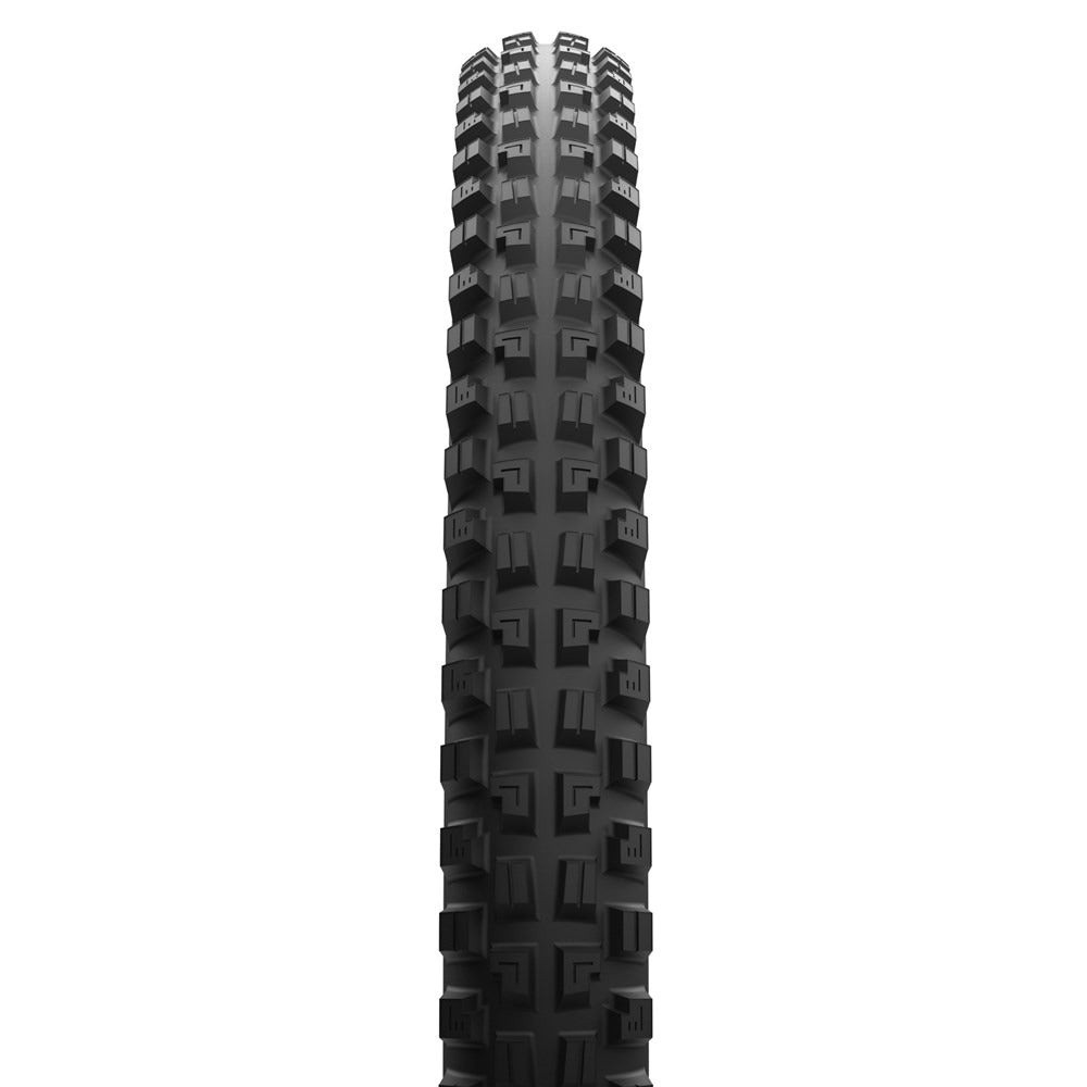 A single black knobby mountain bike yire shown vertically against a solid white background.