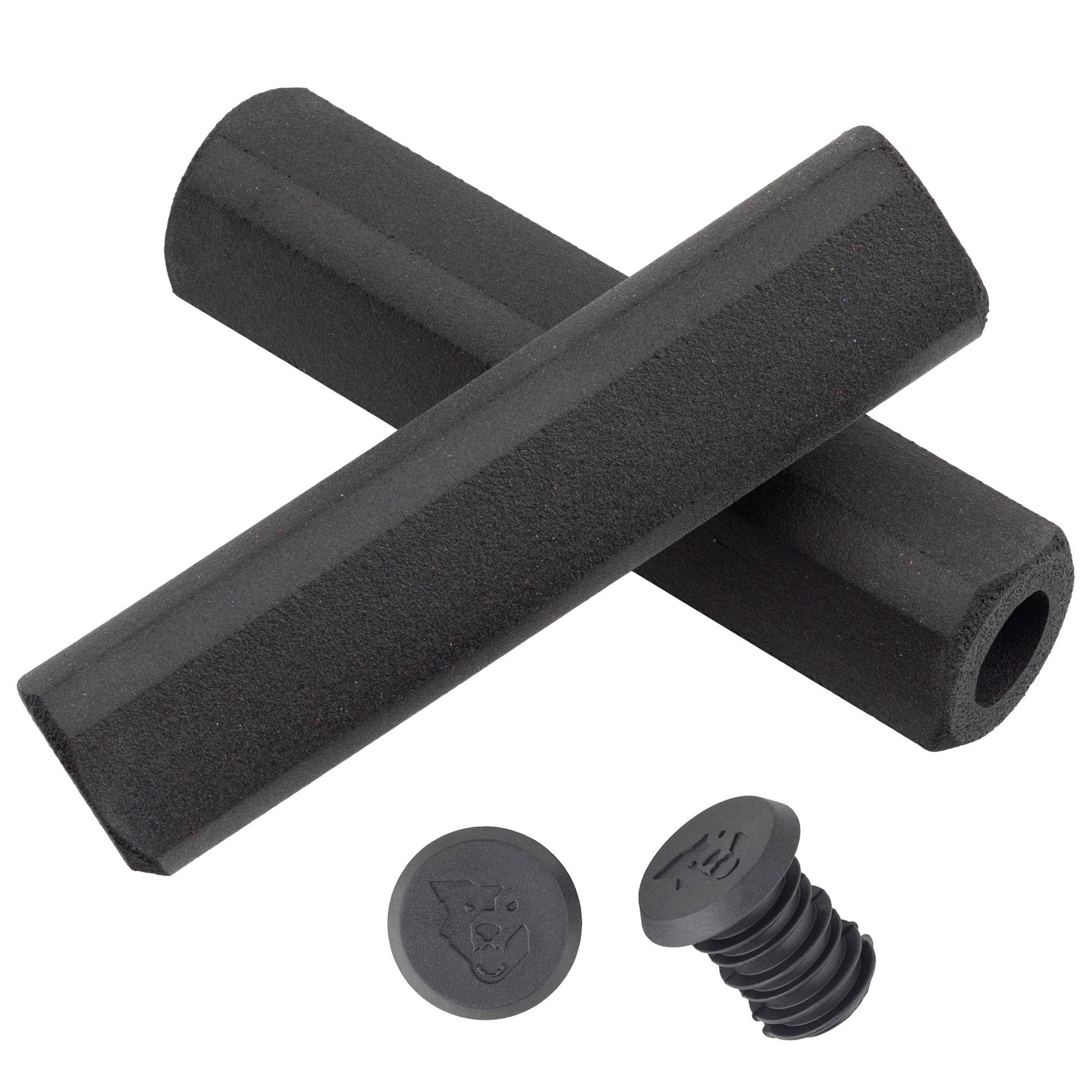 Two black foam bicycle grips and two black plastic bar end caps on a white background