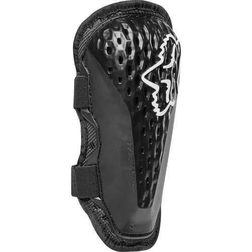 Black protective mountain bike elbow pad with 'Fox' brand logo on a white background