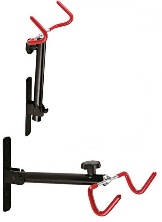 Bicycle wall mount with red hooks on a white background