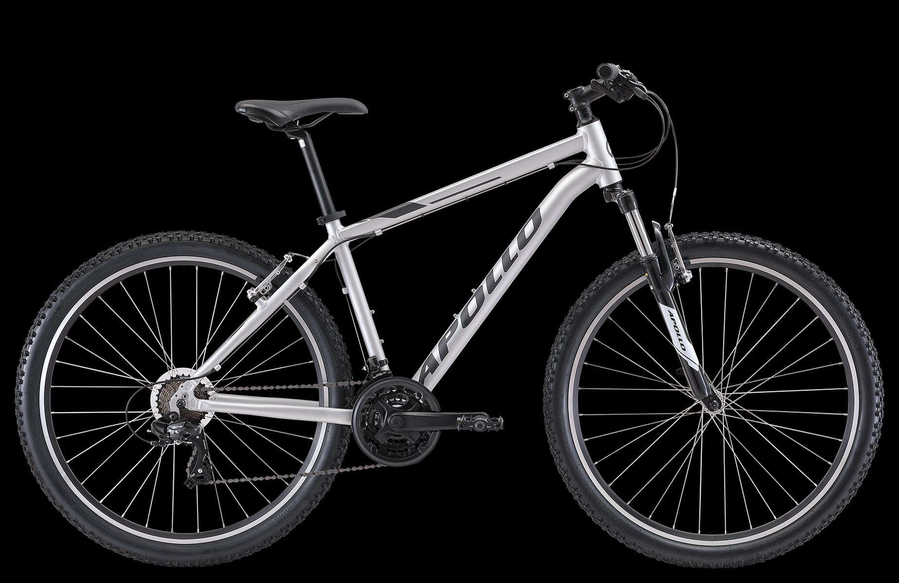 Silver mountain bike with 'Apollo' branding on a black background