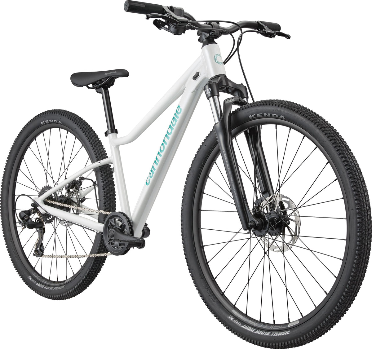 White mountain bike with the 'Cannondale' brand printed in turquoise printed on the downtube on a white background