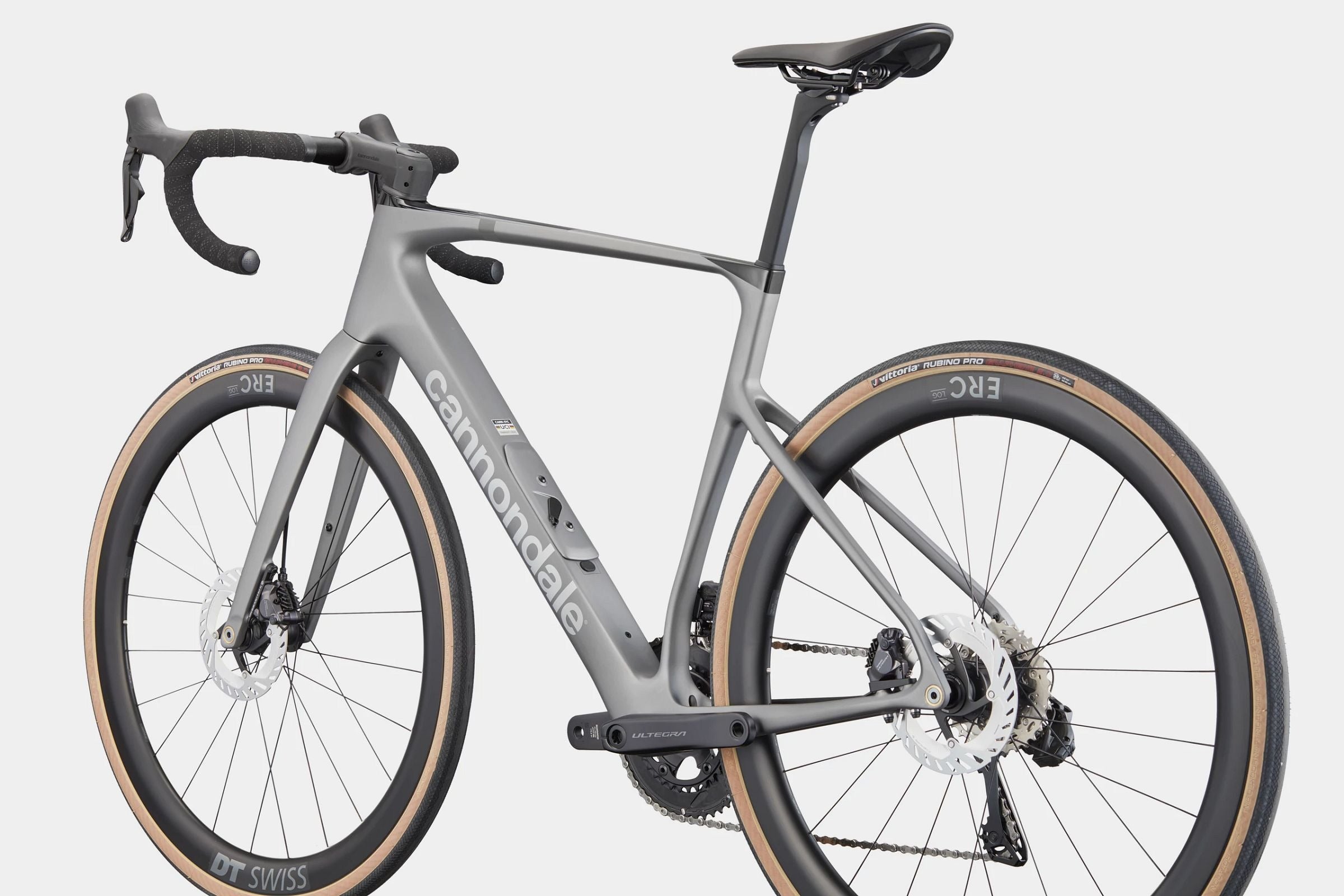 Gray Cannondale road bike on a white background