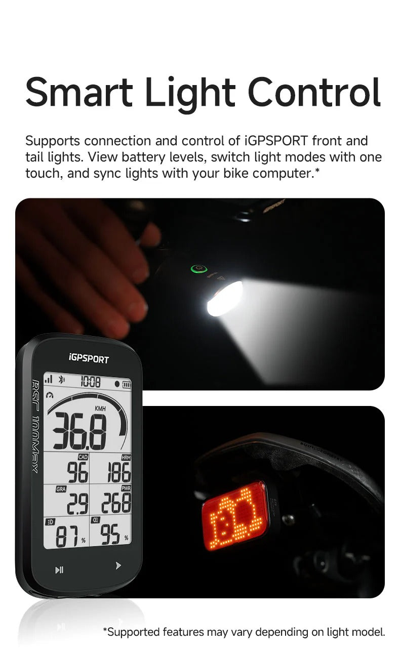 iGPSPORT bike computer with smart light control features, showing battery levels and light modes.