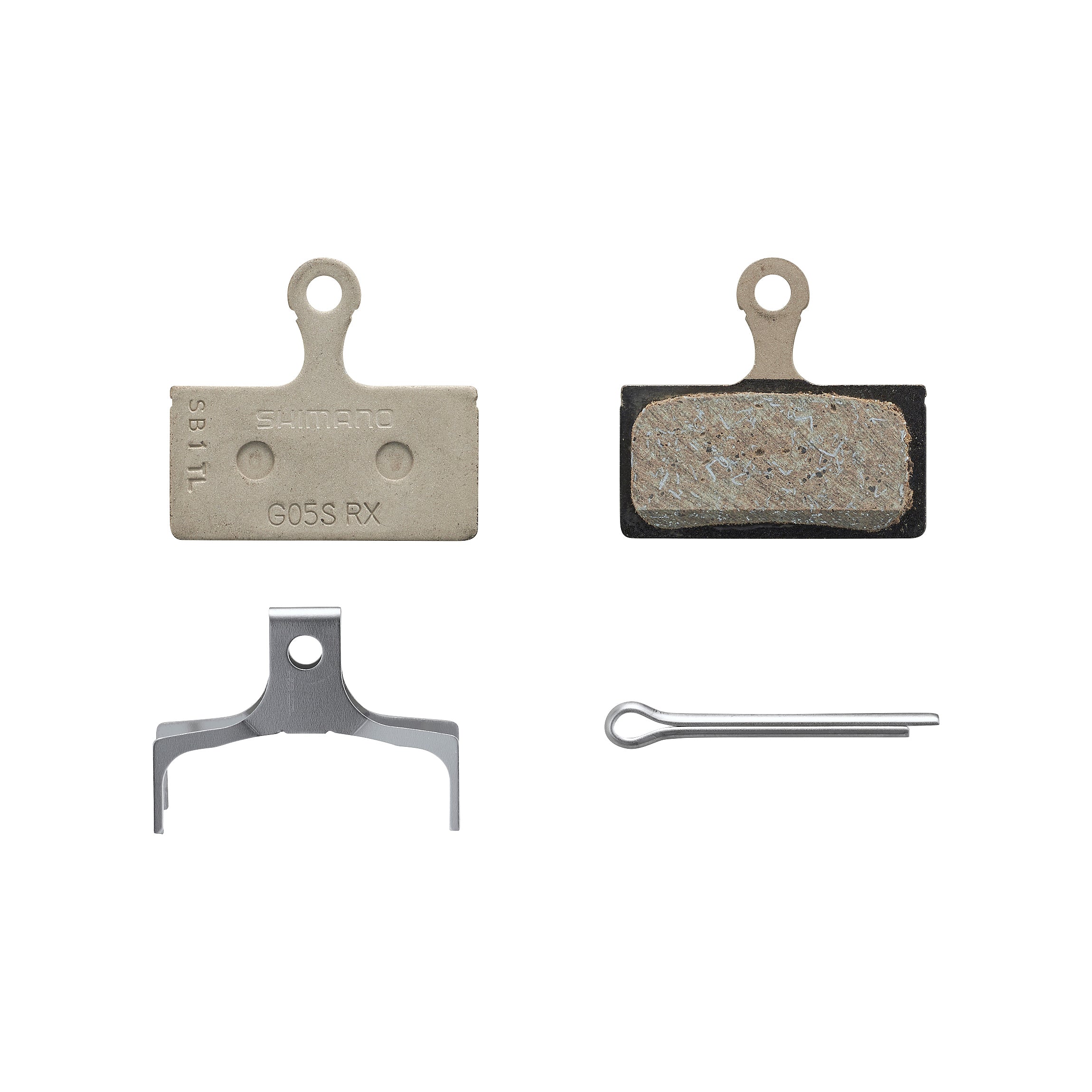 Set of disc brake pads and components on a white background