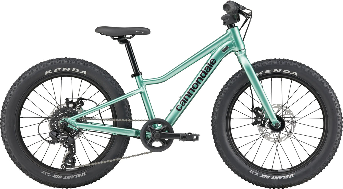 Green Cannondale Kids Mountain Bike on a a white background