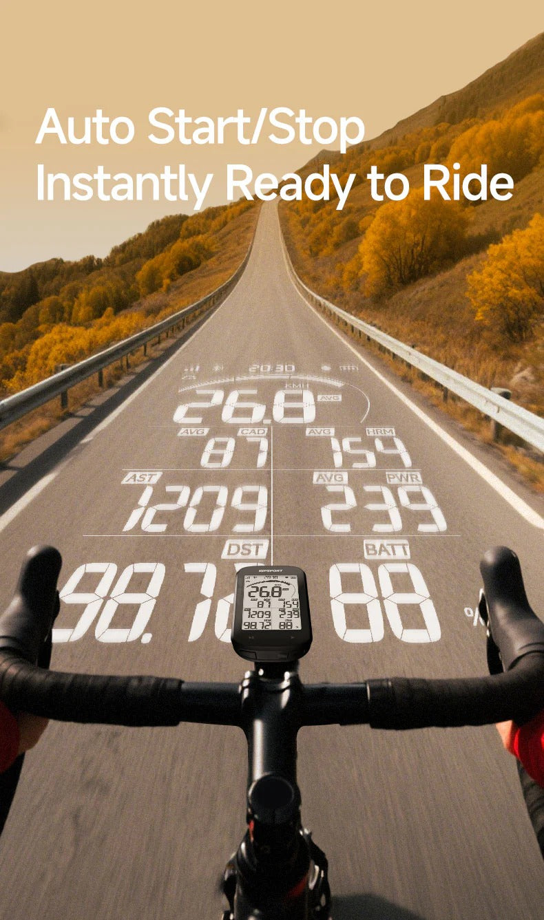 Bicycle handlebar with digital display on a road surrounded by autumn trees