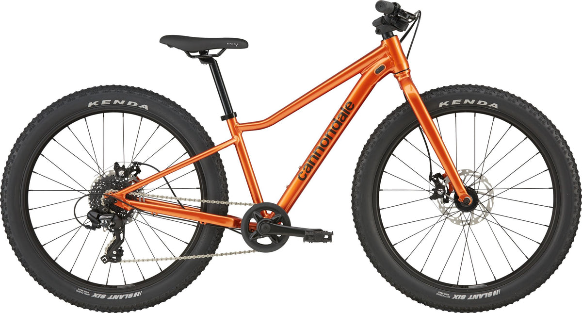 Orange Cannondale kids mountain bike on a white background