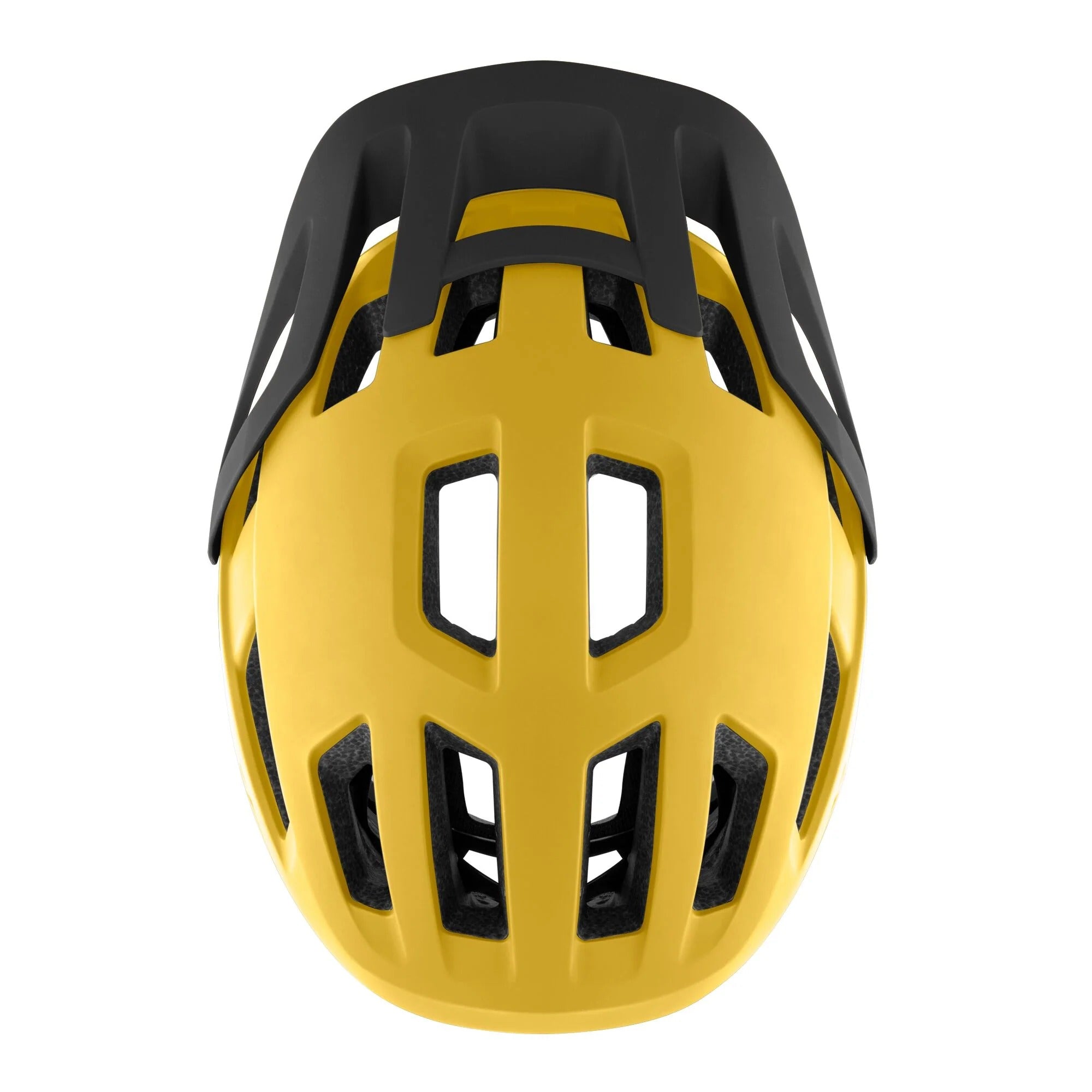 Top view of a yellow and black mountain bike helmet on a white background