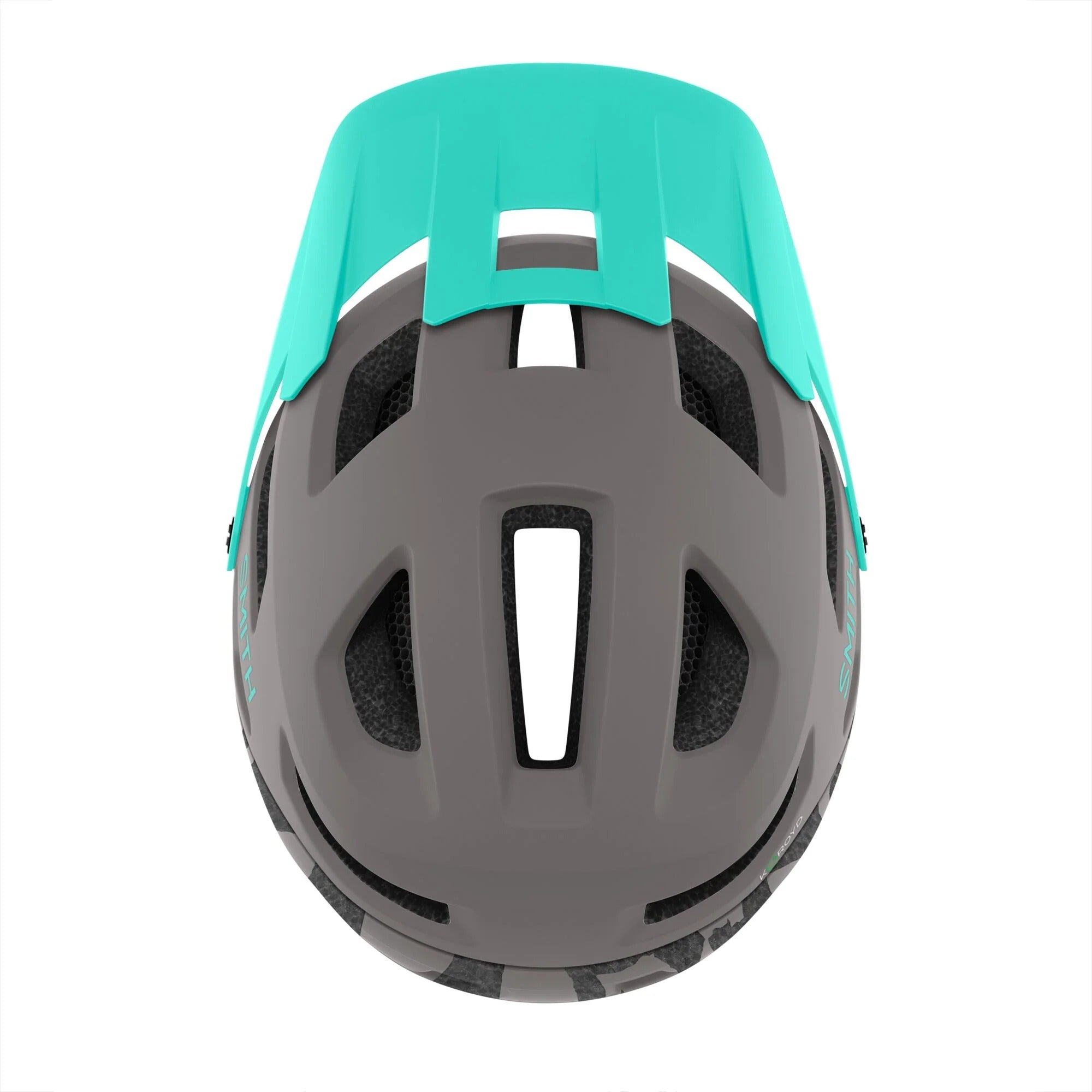Gray Mountain bike helmet with teal visor on a white background
