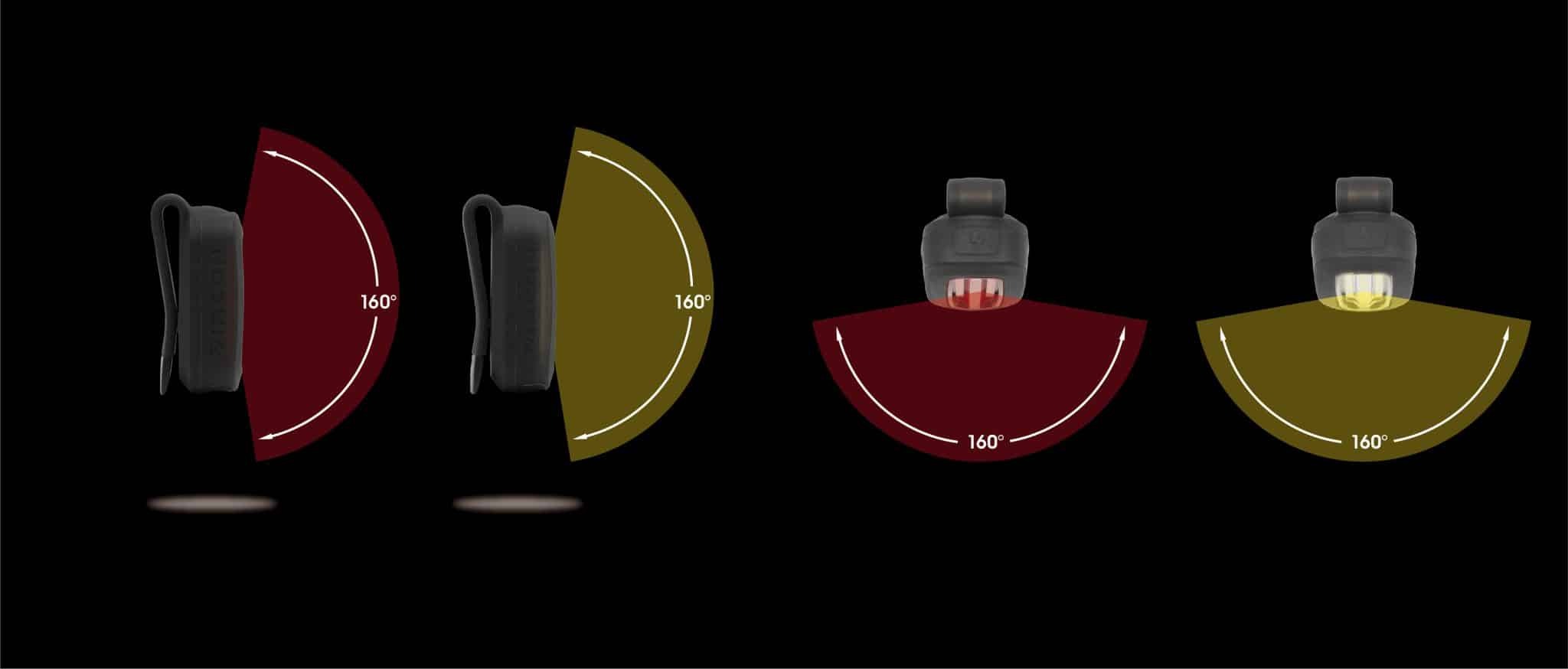 Set of four different bicycle light beams on a black background