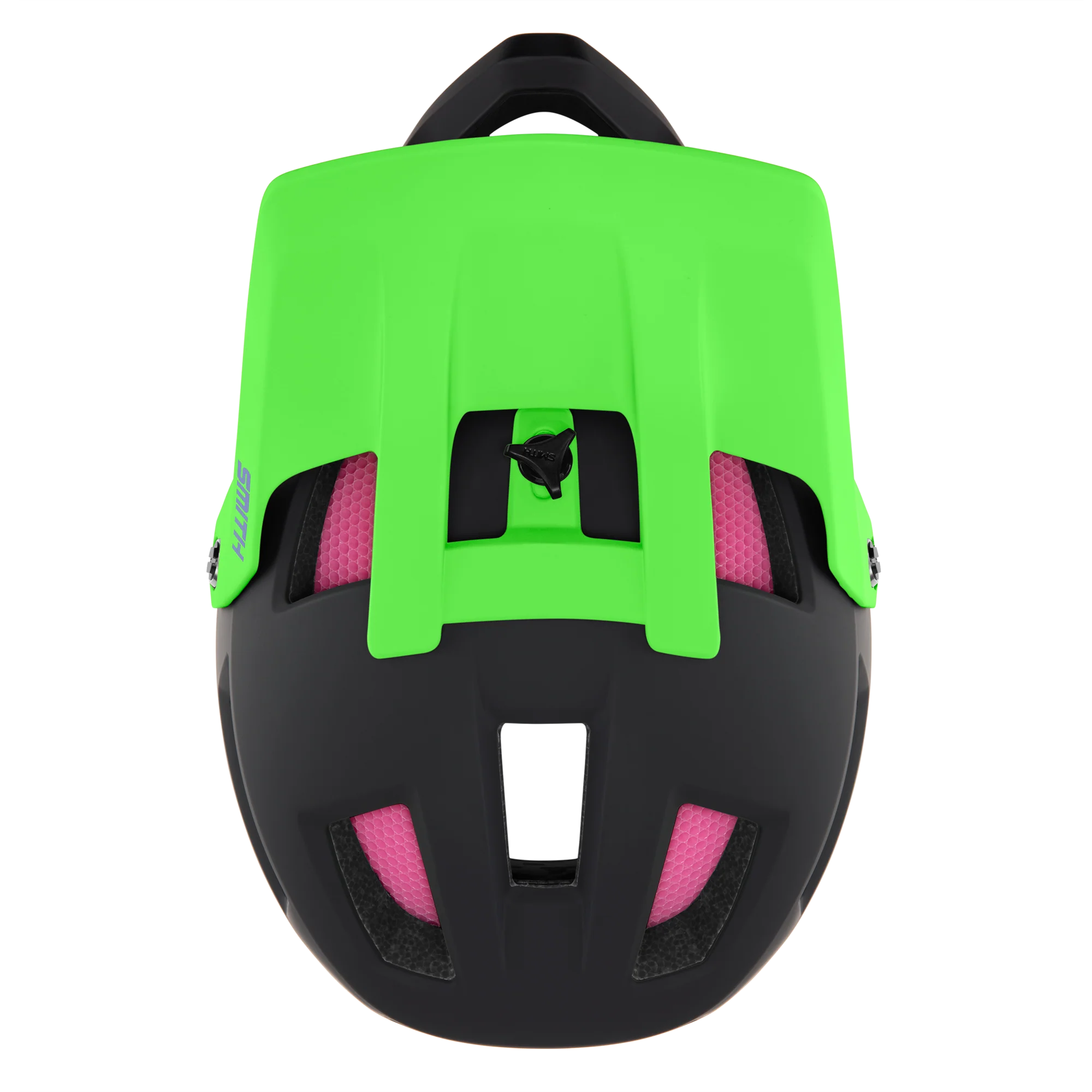 Top of a Smith green and black full face mountain bike helmet helmet with pink interior on a white background