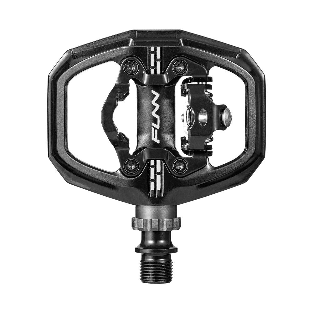 Black bicycle pedal with 'FUNN' branding on a white background