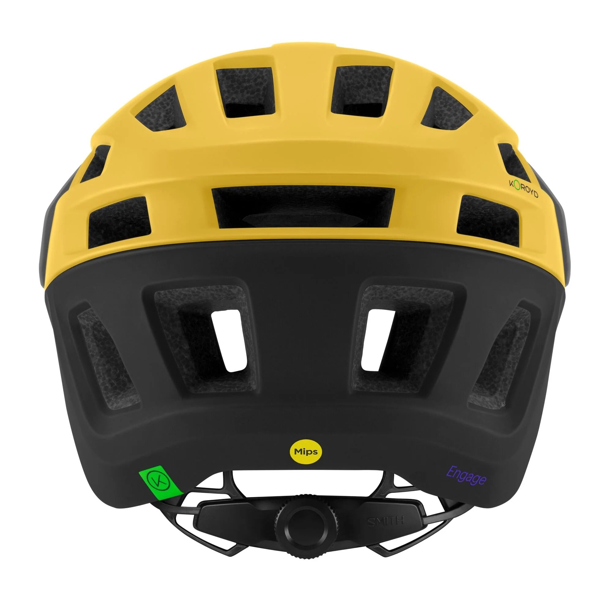 Back of a yellow and black helmet with visible branding on a white background